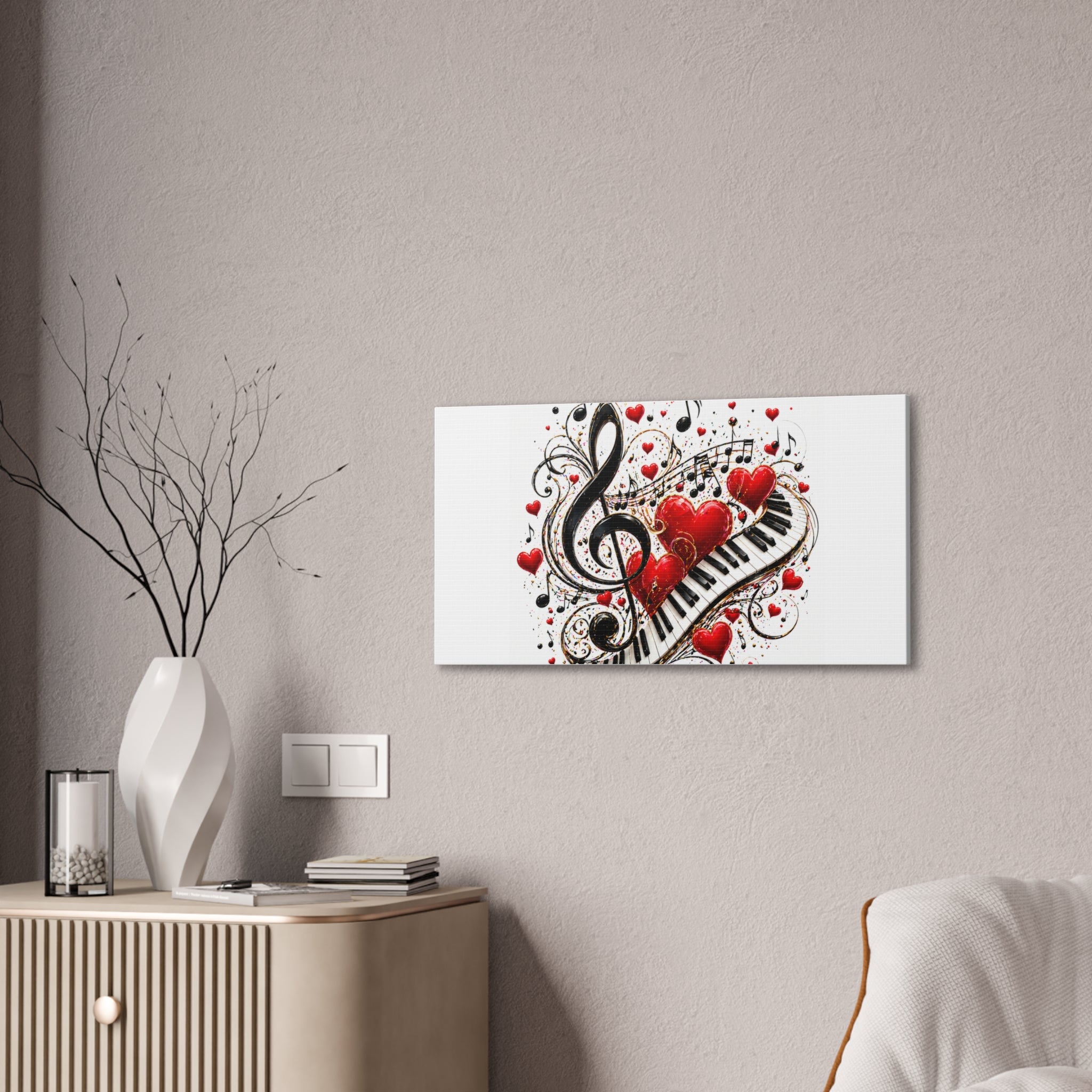 Canvas Print - Musical Hearts Treble Clef & Piano Wall Art (Valentine Music Gift)