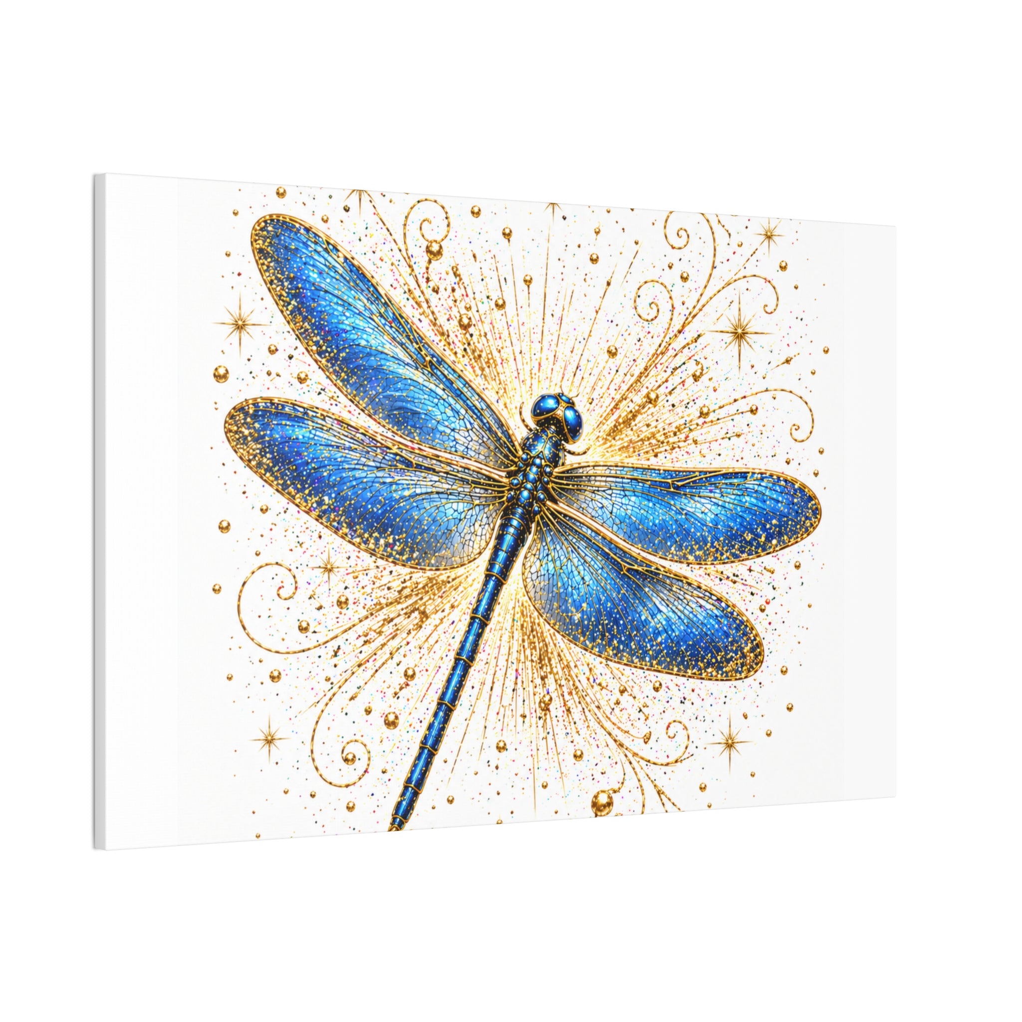 Blue Dragonfly Canvas Wall Art - Sparkling Gold Accents, Stretched 0.75"