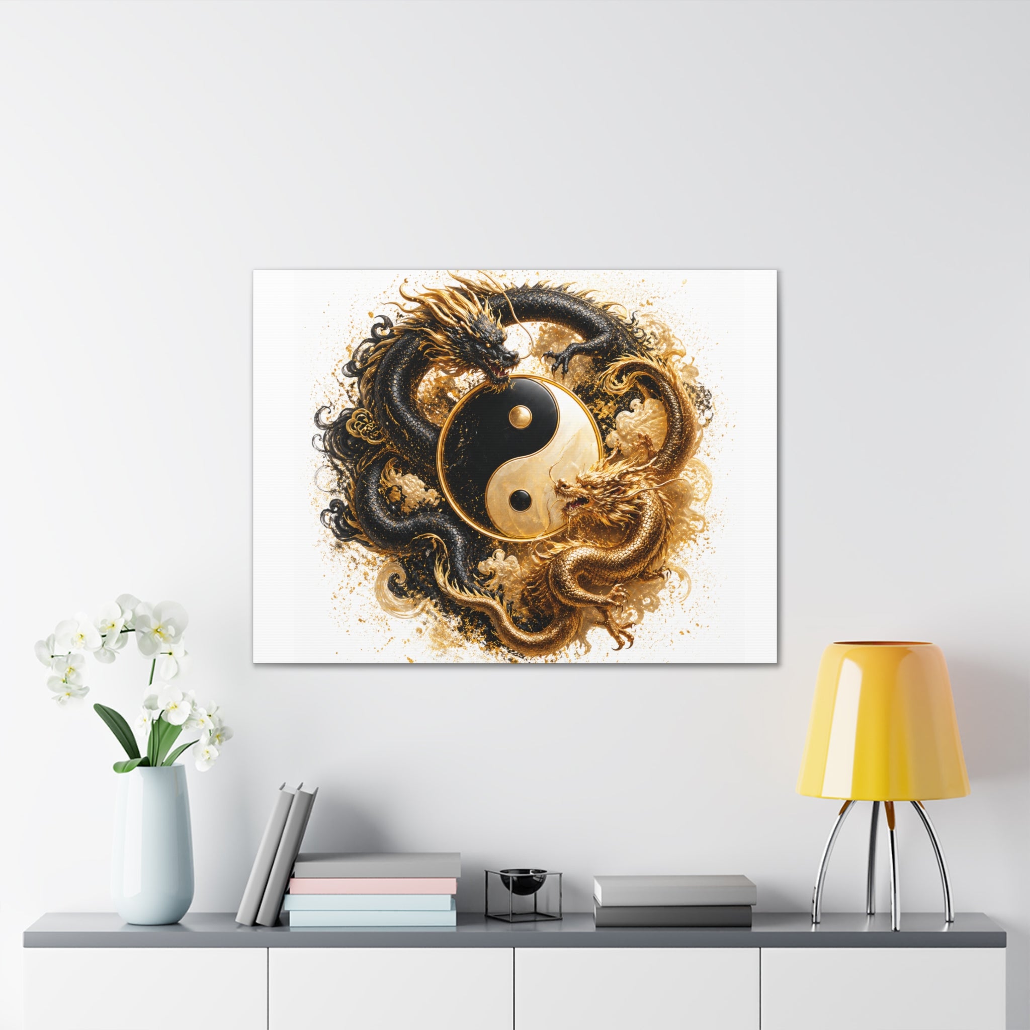 Yin Yang Dragons Canvas Wall Art — Gold & Black Chinese Dragon Print