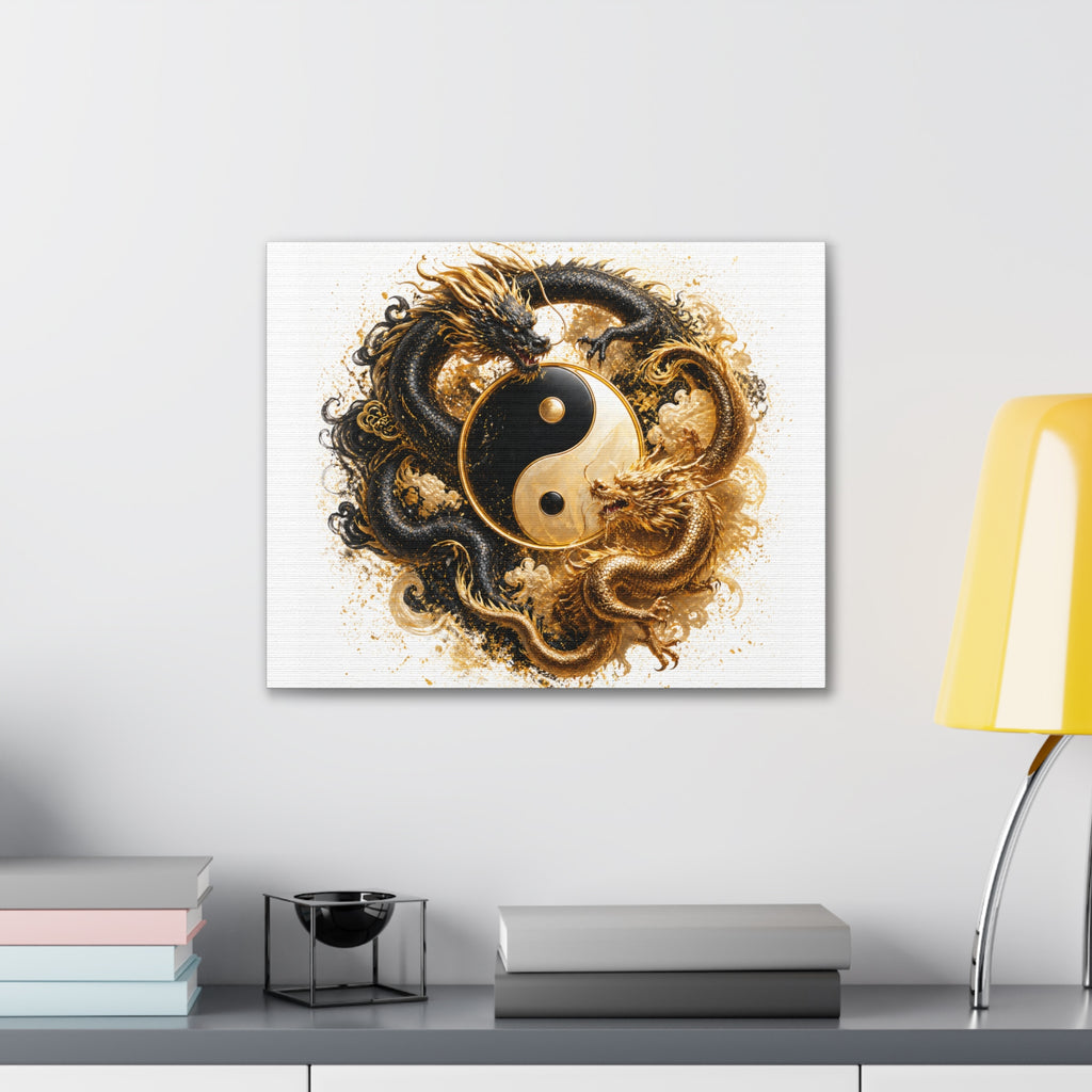 Yin Yang Dragons Canvas Wall Art — Gold & Black Chinese Dragon Print