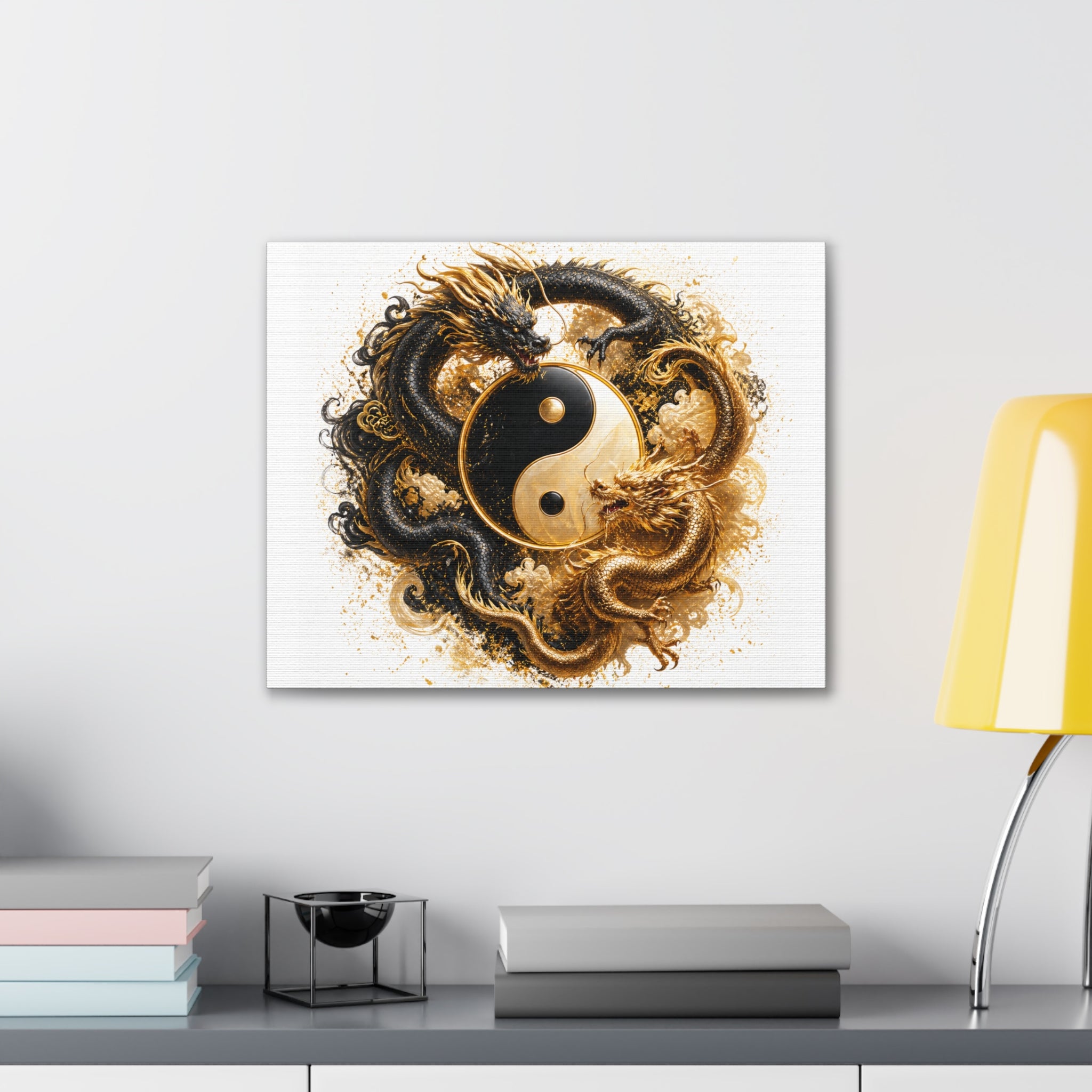 Yin Yang Dragons Canvas Wall Art — Gold & Black Chinese Dragon Print