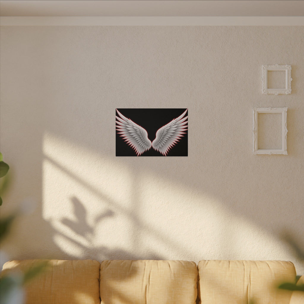 Angel Wings Wall Art Canvas — White Feather Wings on Black Matte Stretched Canvas