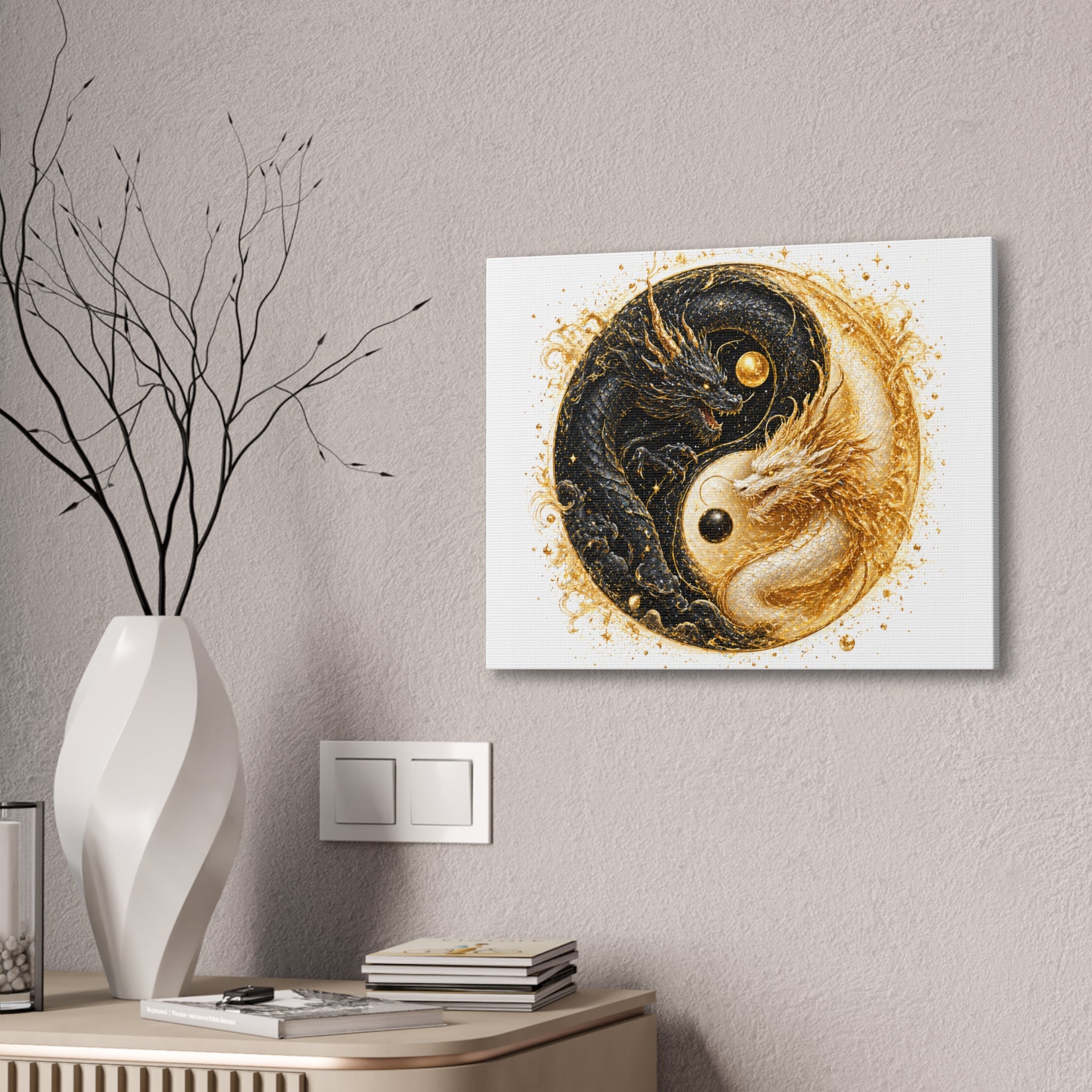 Yin Yang Dragon Canvas Print — Gold & Black Fantasy Wall Art