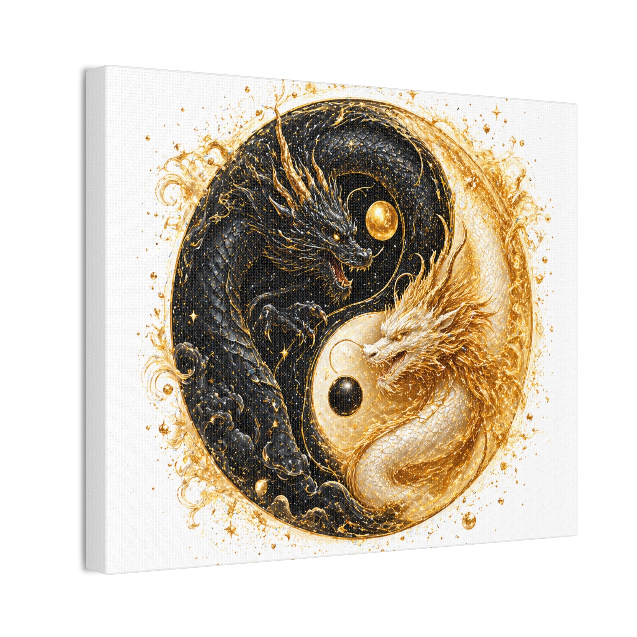 Yin Yang Dragon Canvas Print — Gold & Black Fantasy Wall Art