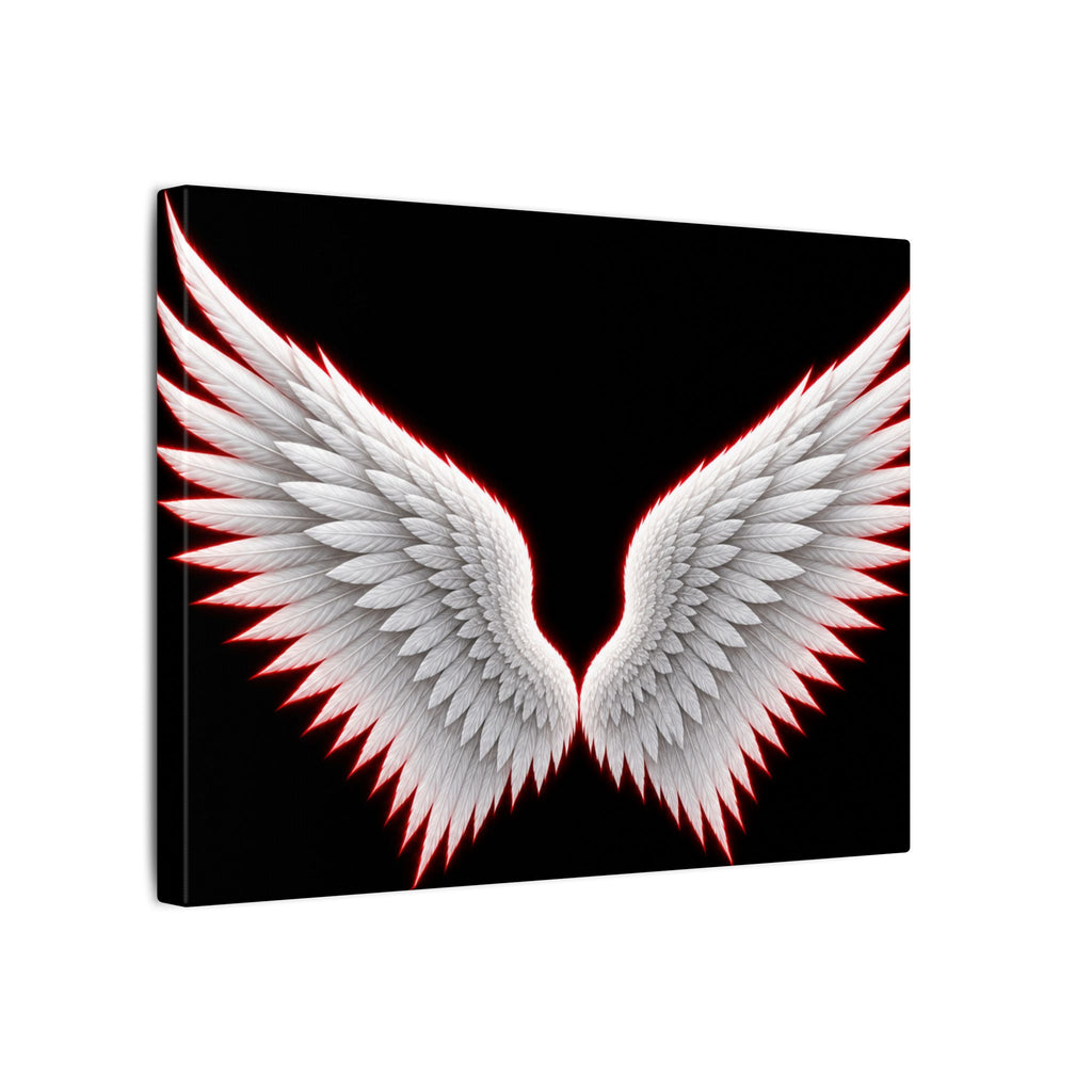 Angel Wings Wall Art Canvas — White Feather Wings on Black Matte Stretched Canvas