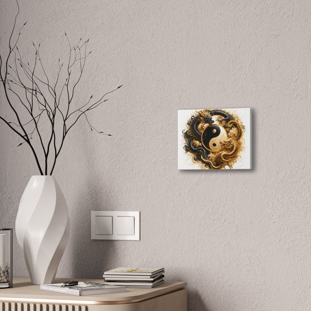 Yin Yang Dragons Canvas Wall Art — Gold & Black Chinese Dragon Print