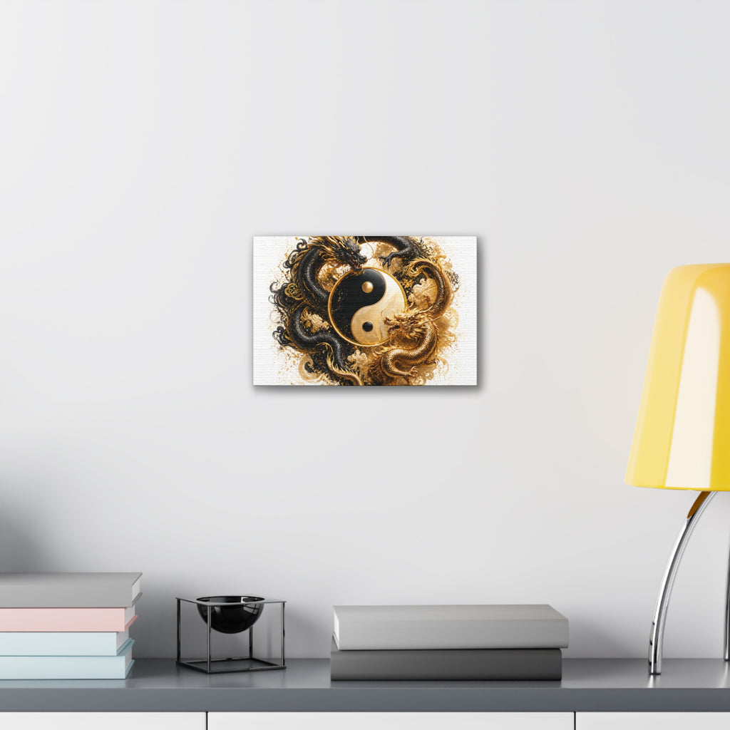 Yin Yang Dragons Canvas Wall Art — Gold & Black Chinese Dragon Print