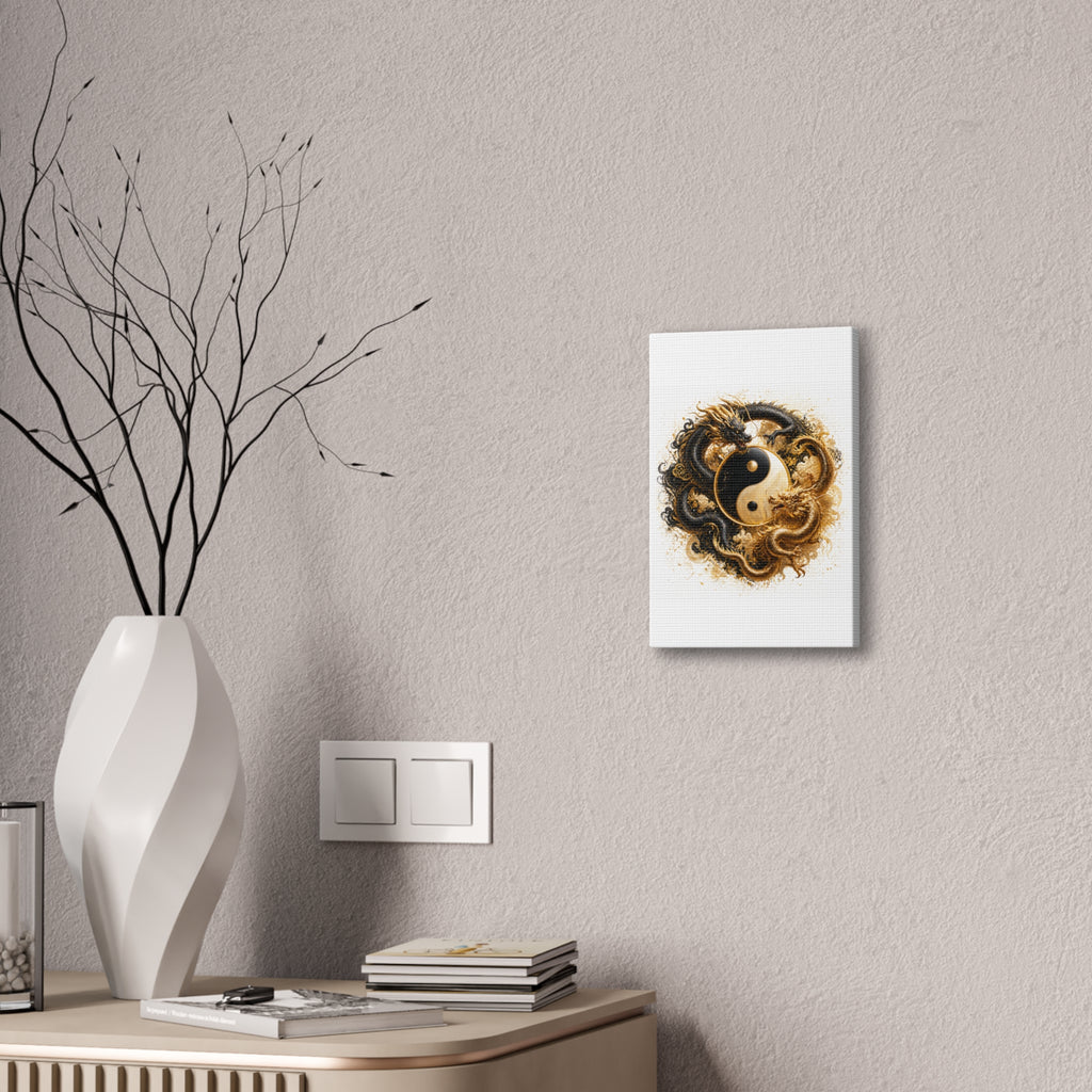 Yin Yang Dragons Canvas Wall Art — Gold & Black Chinese Dragon Print
