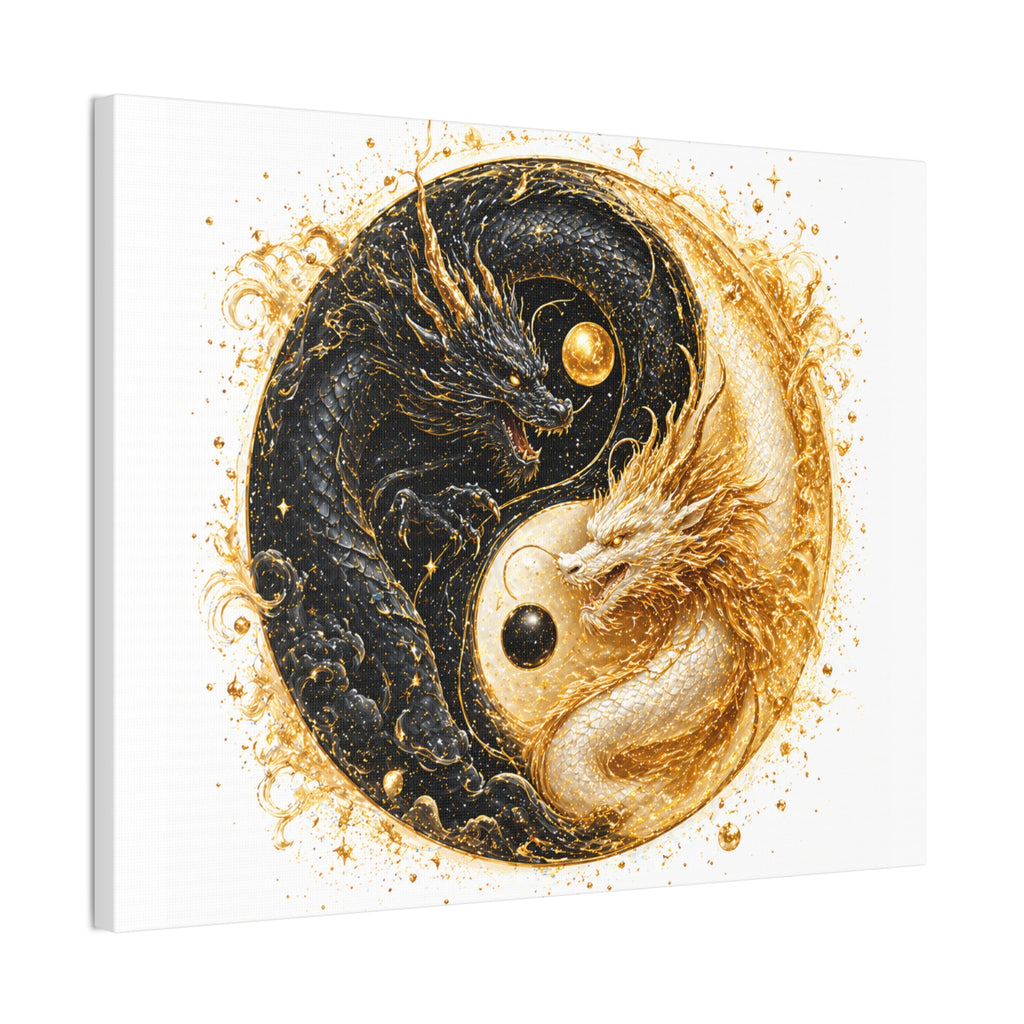 Yin Yang Dragon Canvas Print — Gold & Black Fantasy Wall Art