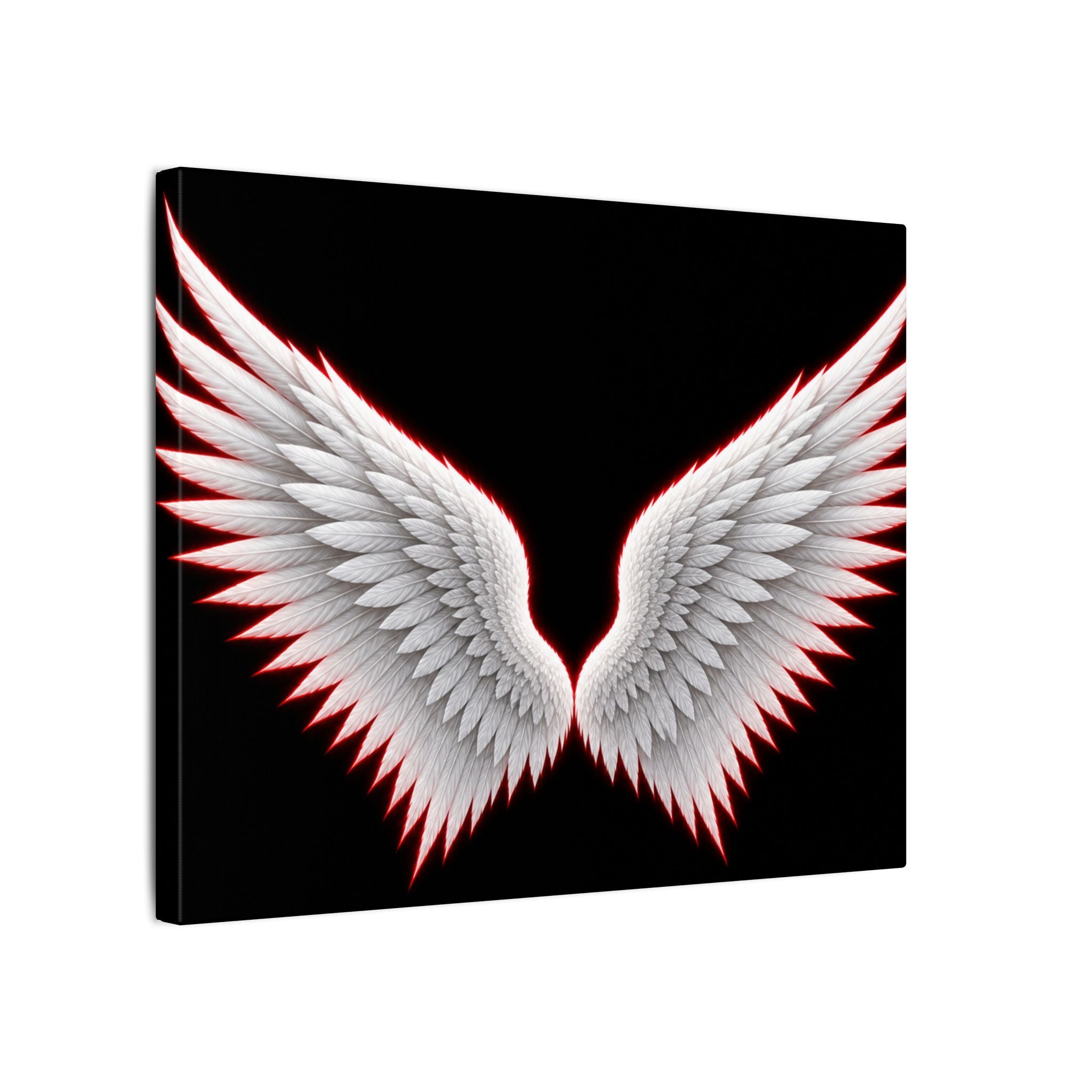 Angel Wings Wall Art Canvas — White Feather Wings on Black Matte Stretched Canvas