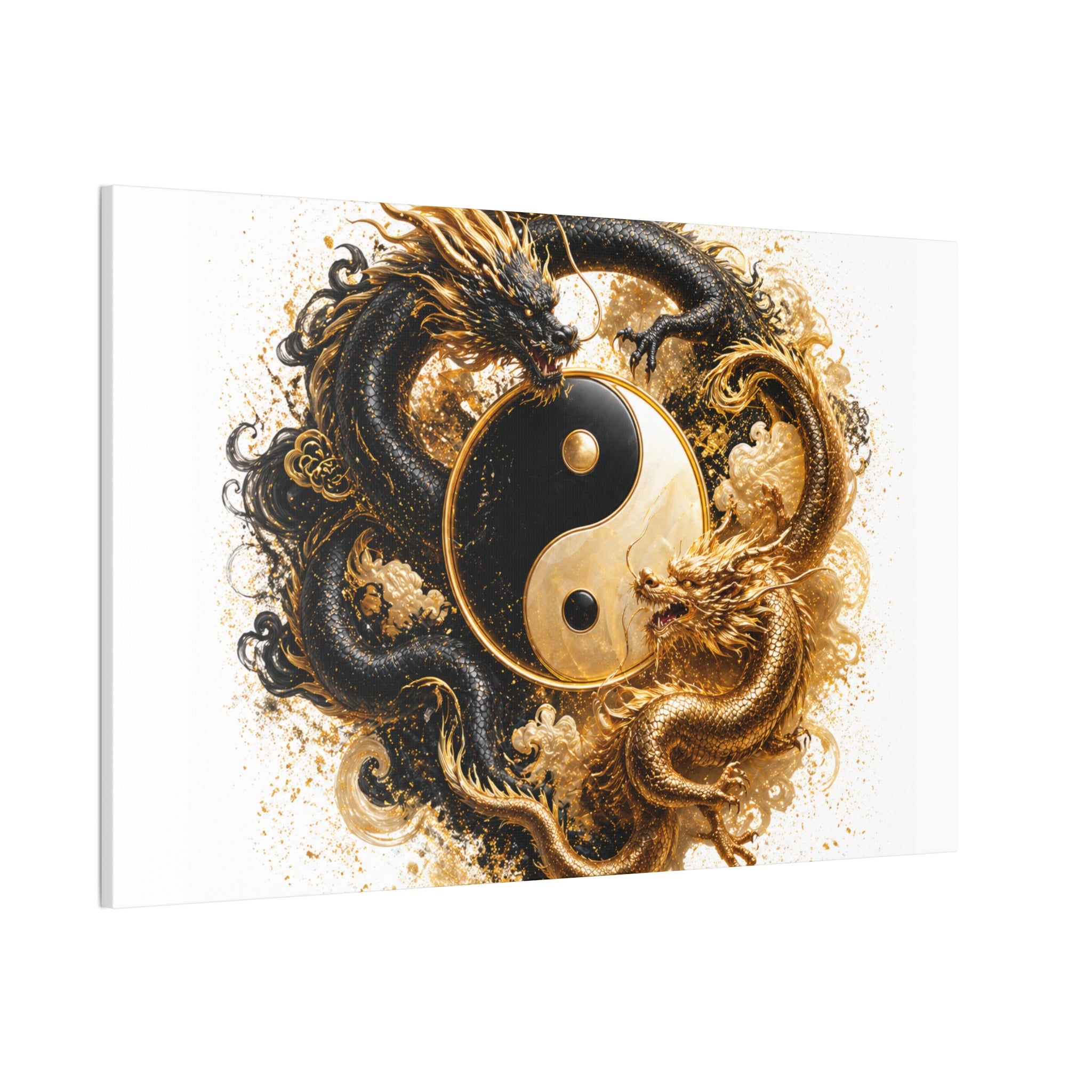 Yin Yang Dragons Canvas Wall Art — Gold & Black Chinese Dragon Print
