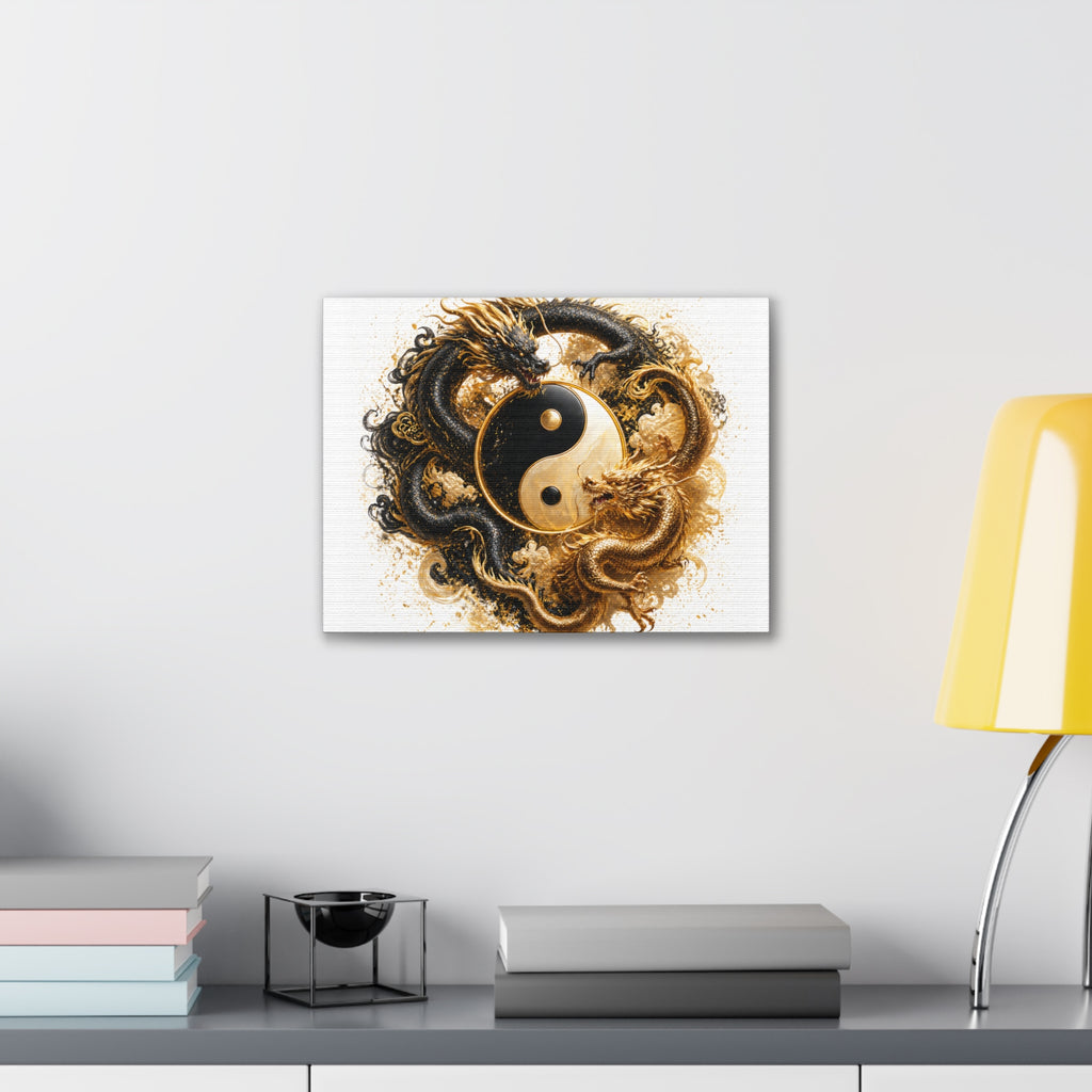 Yin Yang Dragons Canvas Wall Art — Gold & Black Chinese Dragon Print