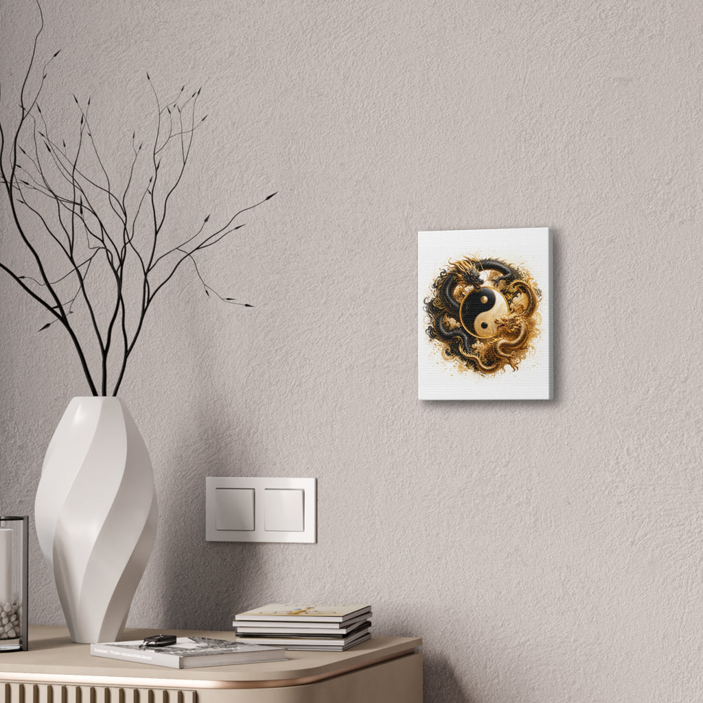 Yin Yang Dragons Canvas Wall Art — Gold & Black Chinese Dragon Print