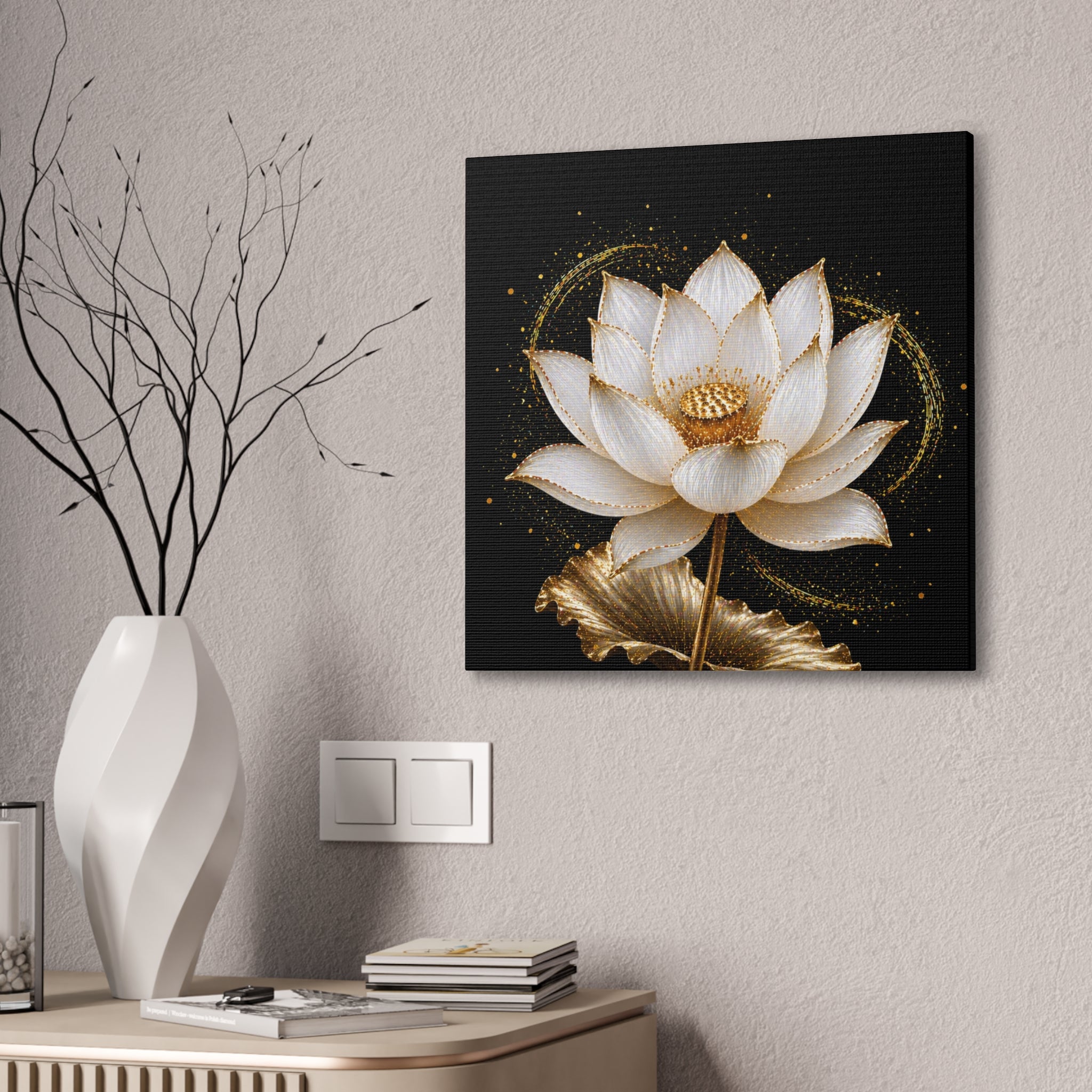 Gold Lotus Canvas Wall Art - Stretched Canvas Floral Print