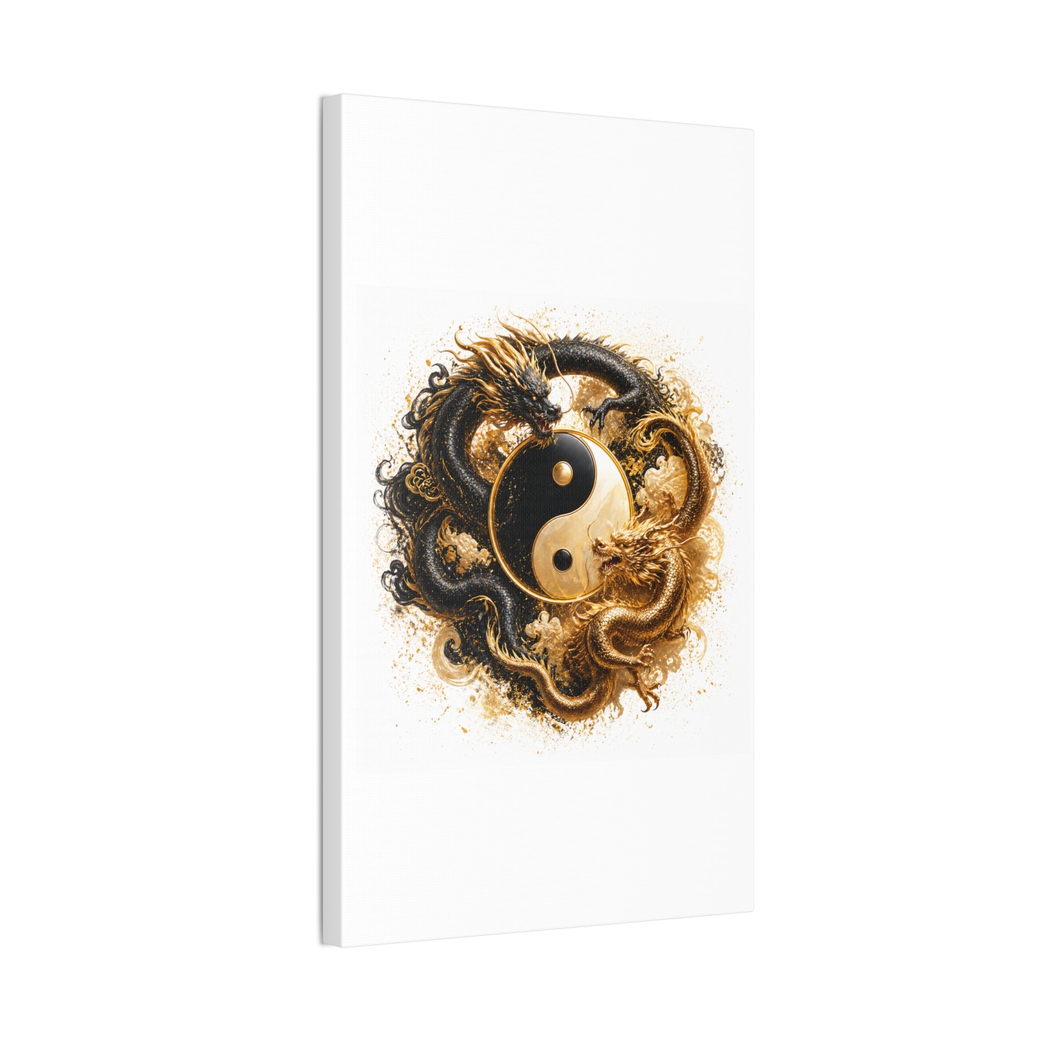 Yin Yang Dragons Canvas Wall Art — Gold & Black Chinese Dragon Print