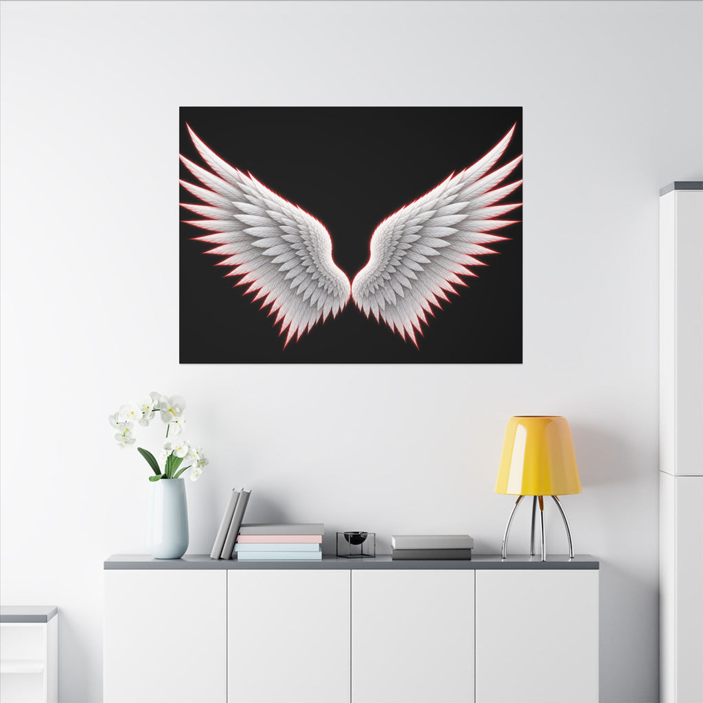 Angel Wings Wall Art Canvas — White Feather Wings on Black Matte Stretched Canvas