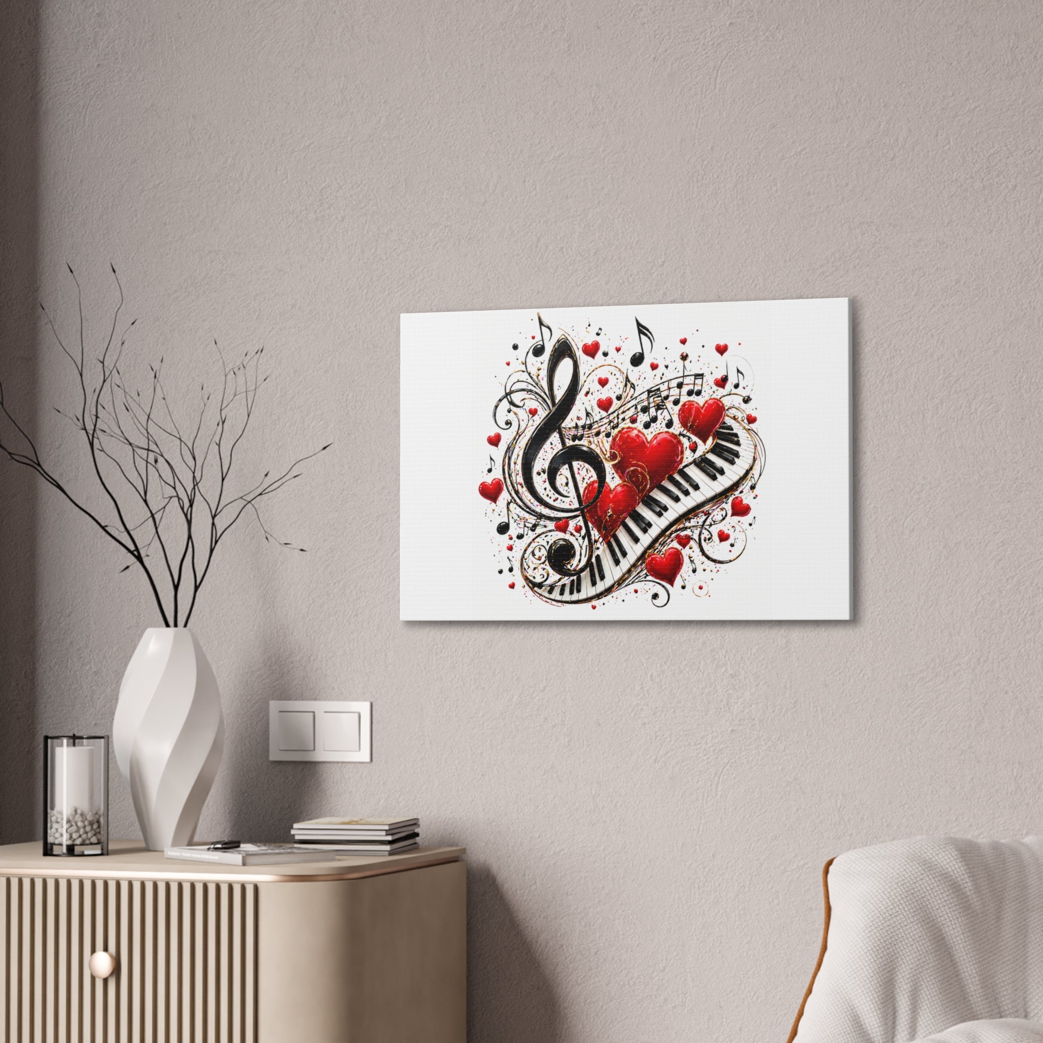 Canvas Print - Musical Hearts Treble Clef & Piano Wall Art (Valentine Music Gift)
