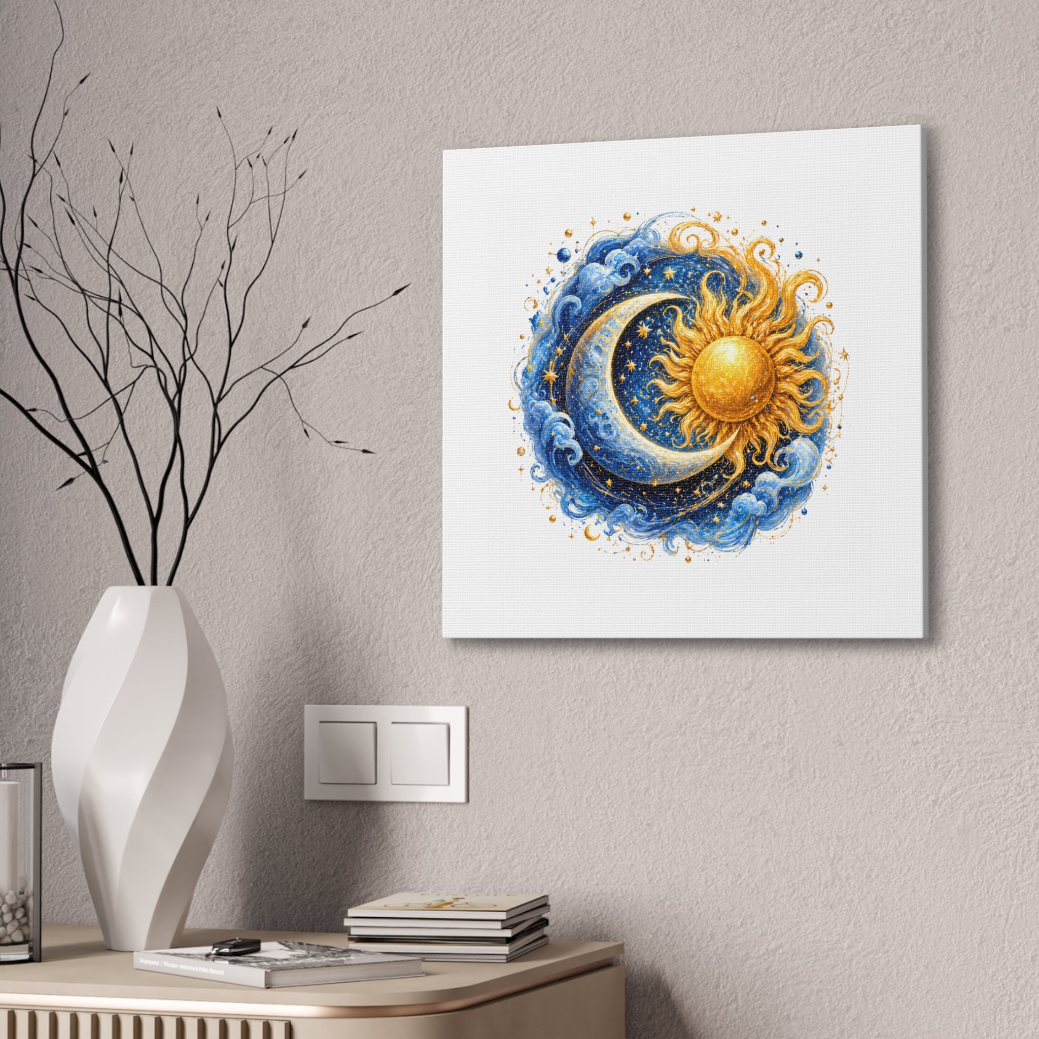 Sun and Moon Wall Art Canvas — Celestial Sun & Crescent Moon Stretched Canvas