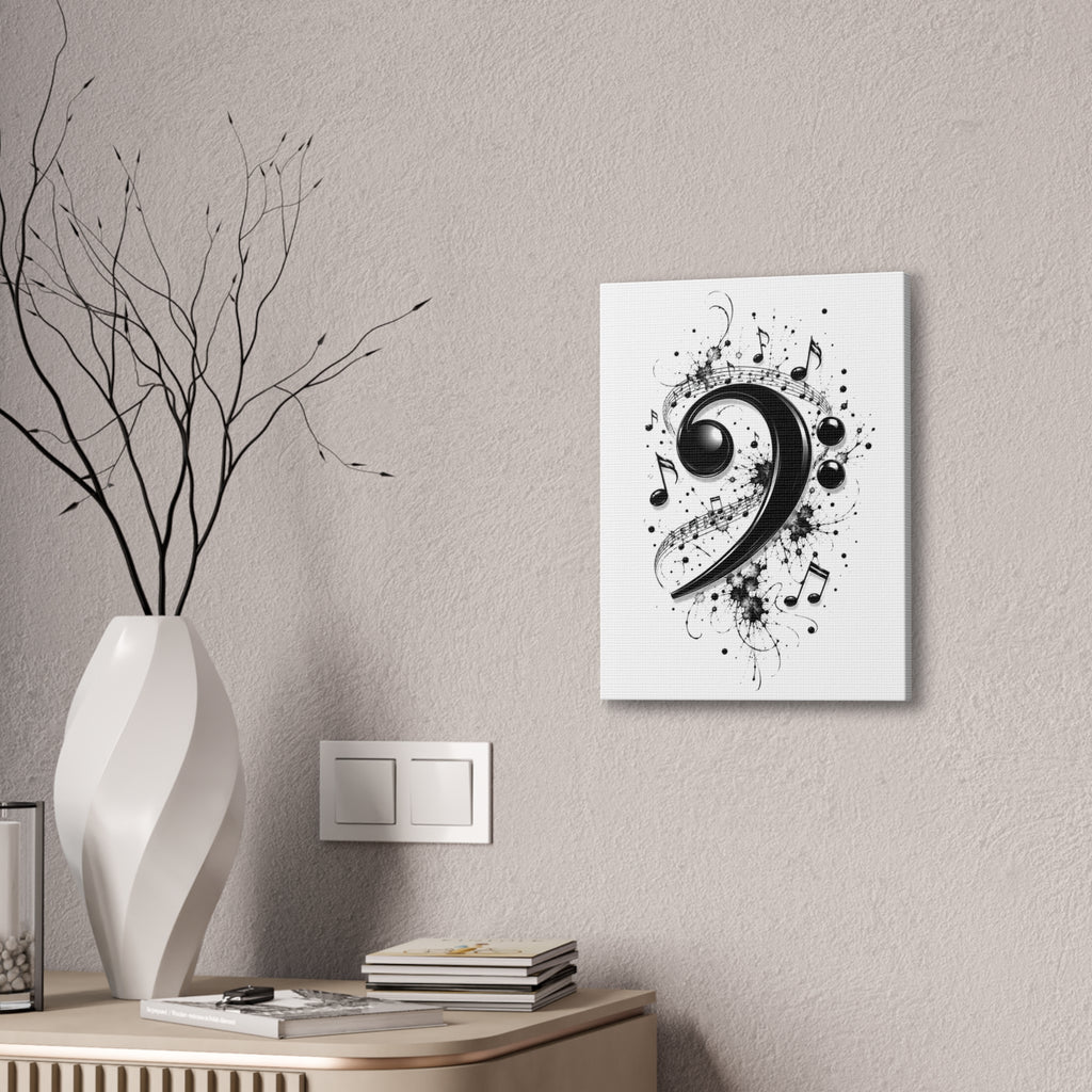 Bass Clef Music Canvas Wall Art — Black & White Musical Notes Print