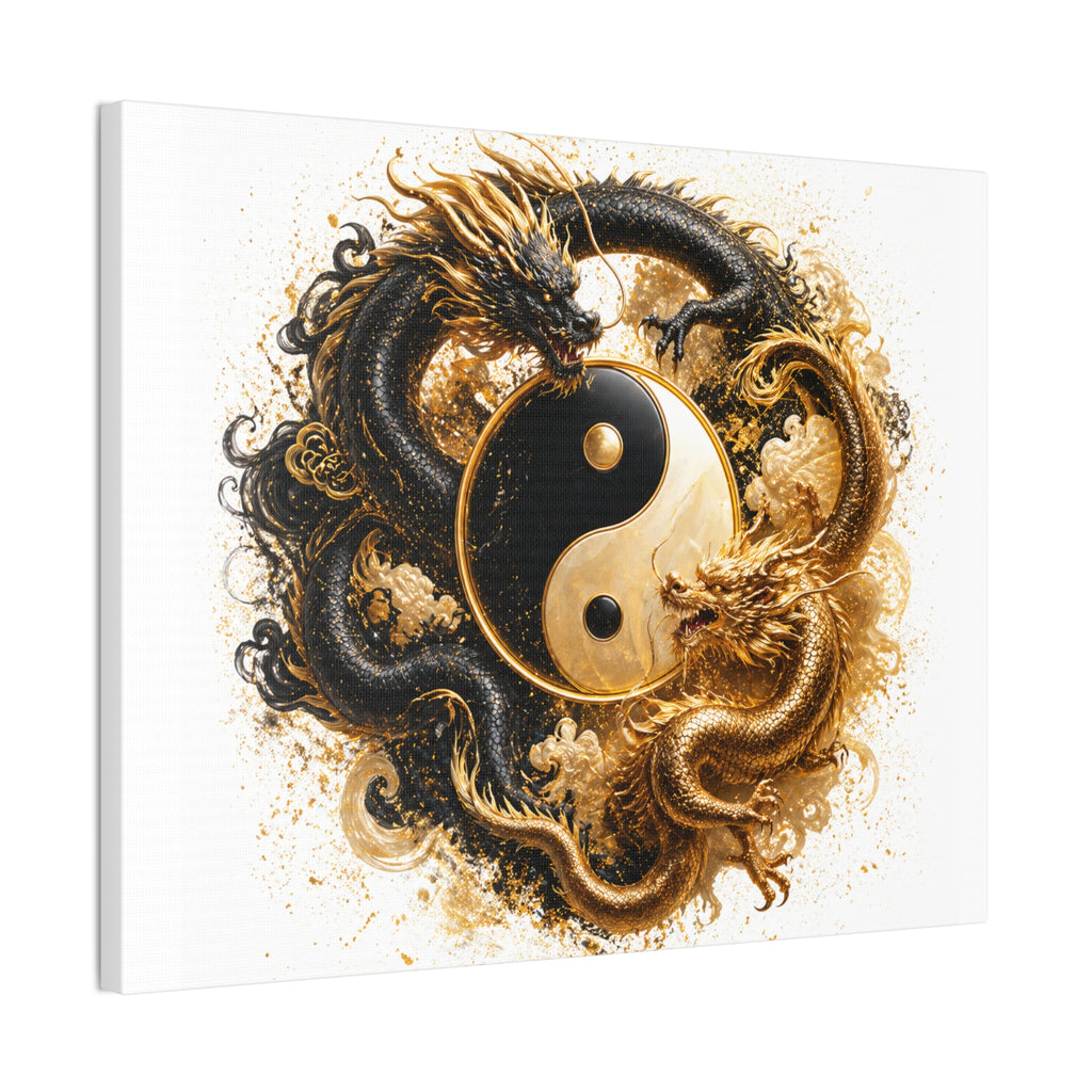 Yin Yang Dragons Canvas Wall Art — Gold & Black Chinese Dragon Print