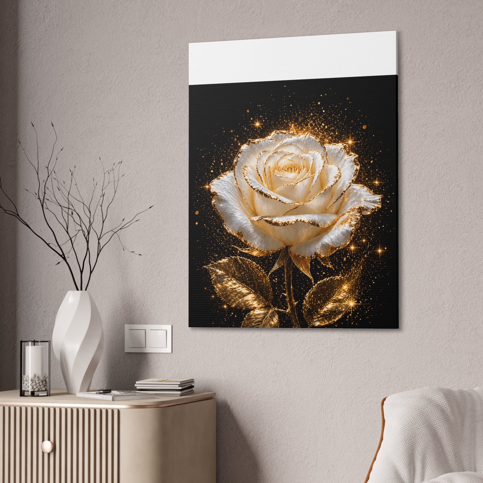 Golden Sparkle Rose Canvas Print — Glam Floral Wall Art