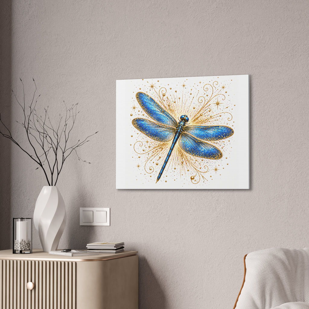Blue Dragonfly Canvas Wall Art - Sparkling Gold Accents, Stretched 0.75"