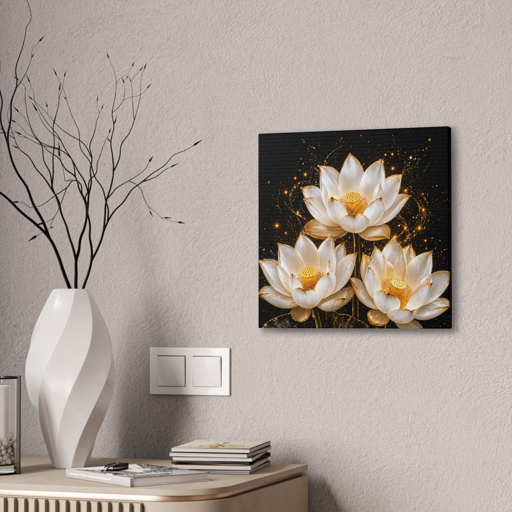 Gold and White Triple Lotus Floral Canvas Wall Art - Stretched 0.75"
