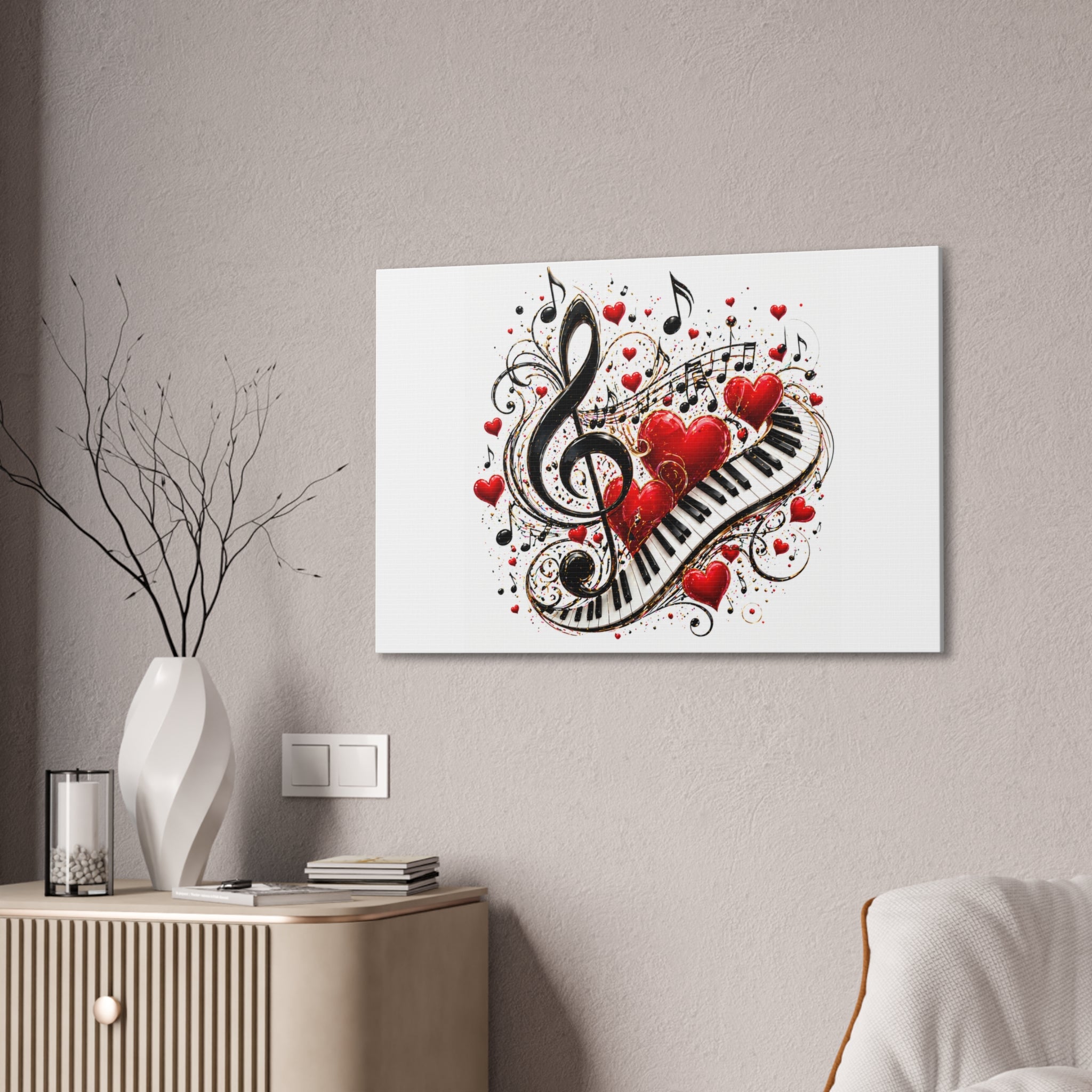 Canvas Print - Musical Hearts Treble Clef & Piano Wall Art (Valentine Music Gift)