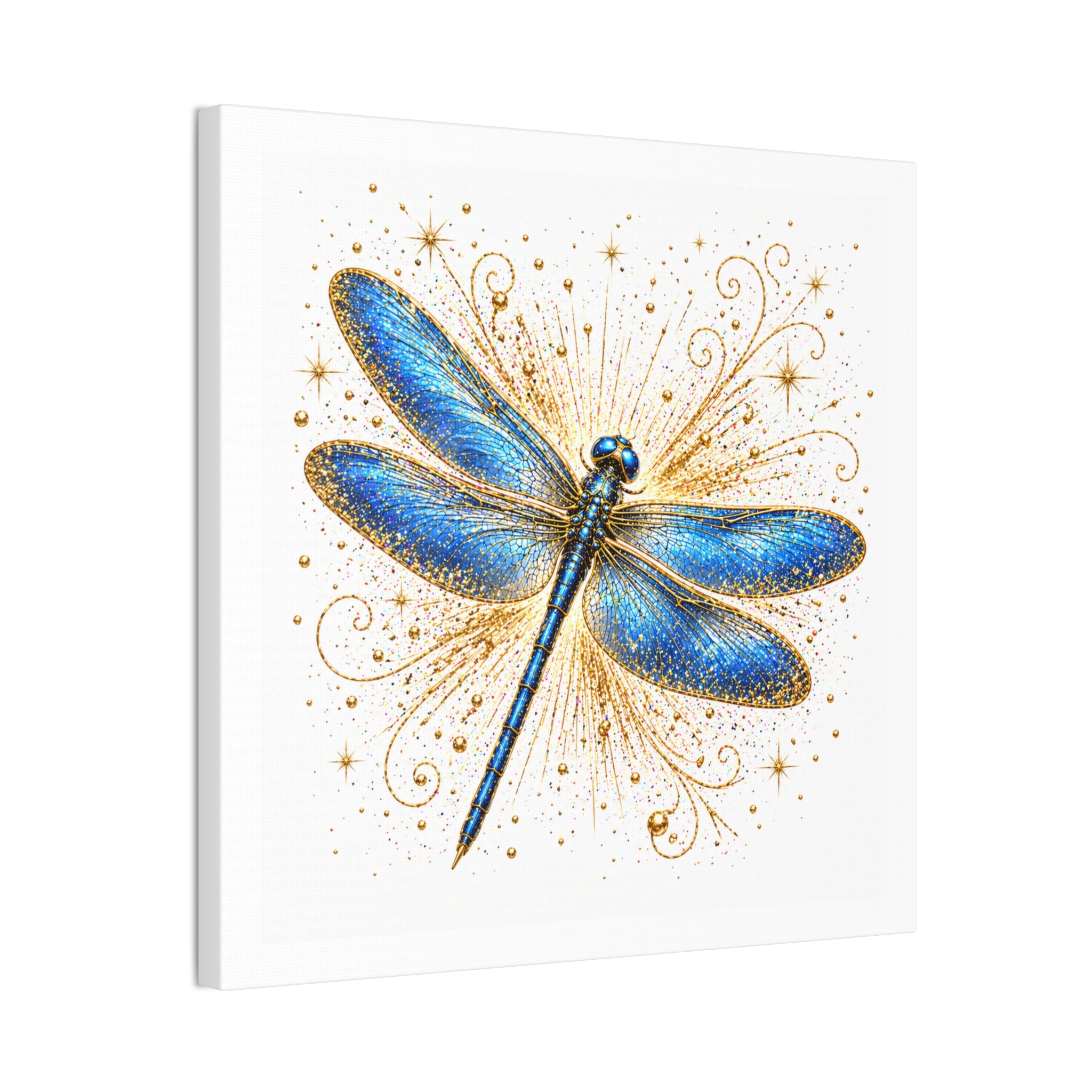 Blue Dragonfly Canvas Wall Art - Sparkling Gold Accents, Stretched 0.75"