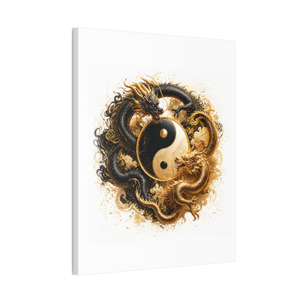 Yin Yang Dragons Canvas Wall Art — Gold & Black Chinese Dragon Print