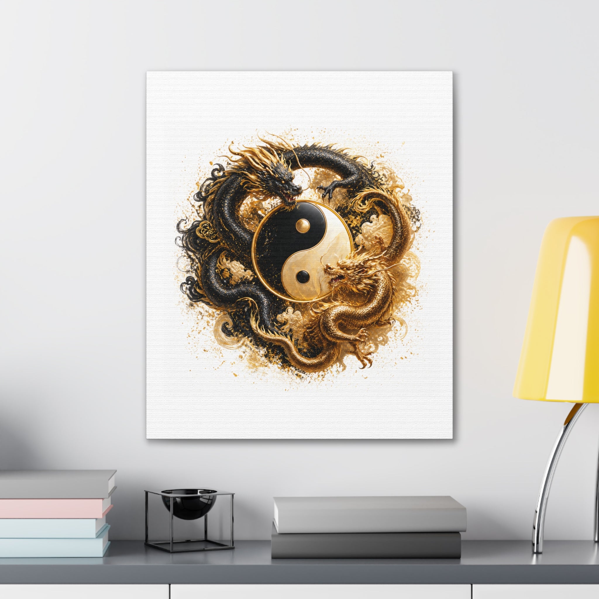 Yin Yang Dragons Canvas Wall Art — Gold & Black Chinese Dragon Print