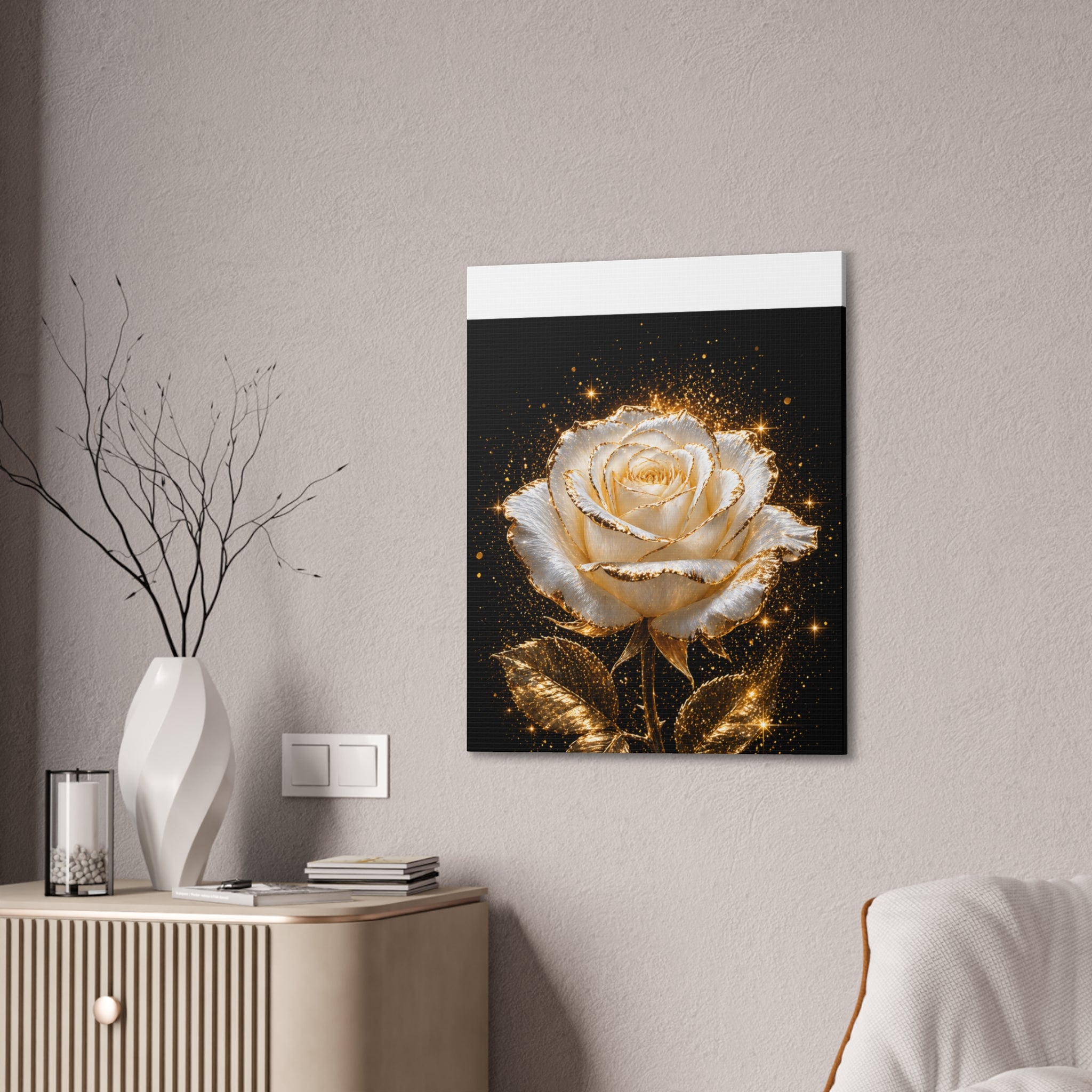Golden Sparkle Rose Canvas Print — Glam Floral Wall Art
