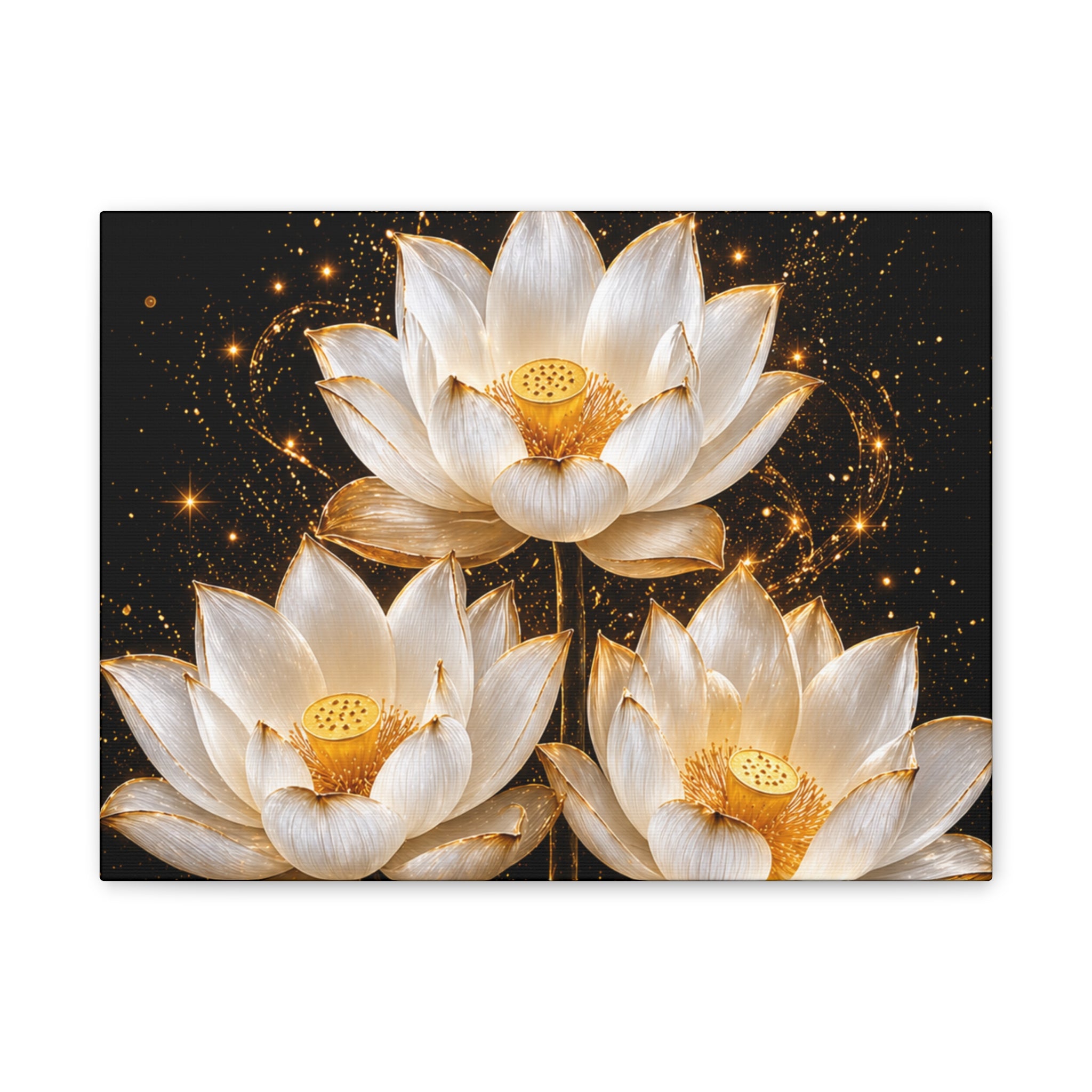 Gold and White Triple Lotus Floral Canvas Wall Art - Stretched 0.75"
