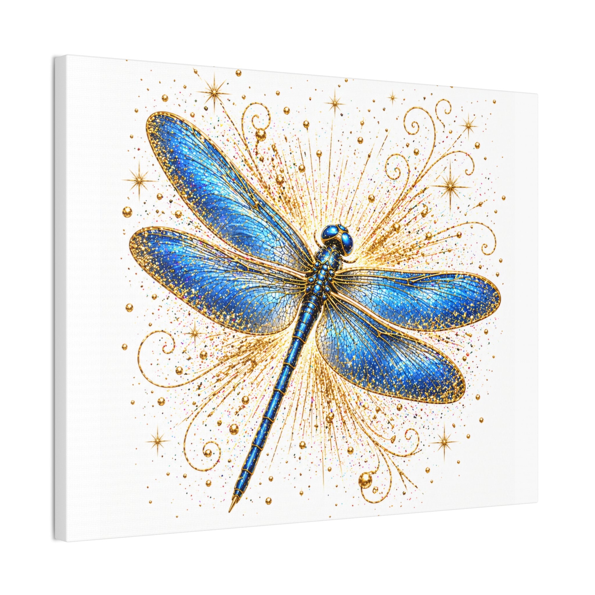 Blue Dragonfly Canvas Wall Art - Sparkling Gold Accents, Stretched 0.75"