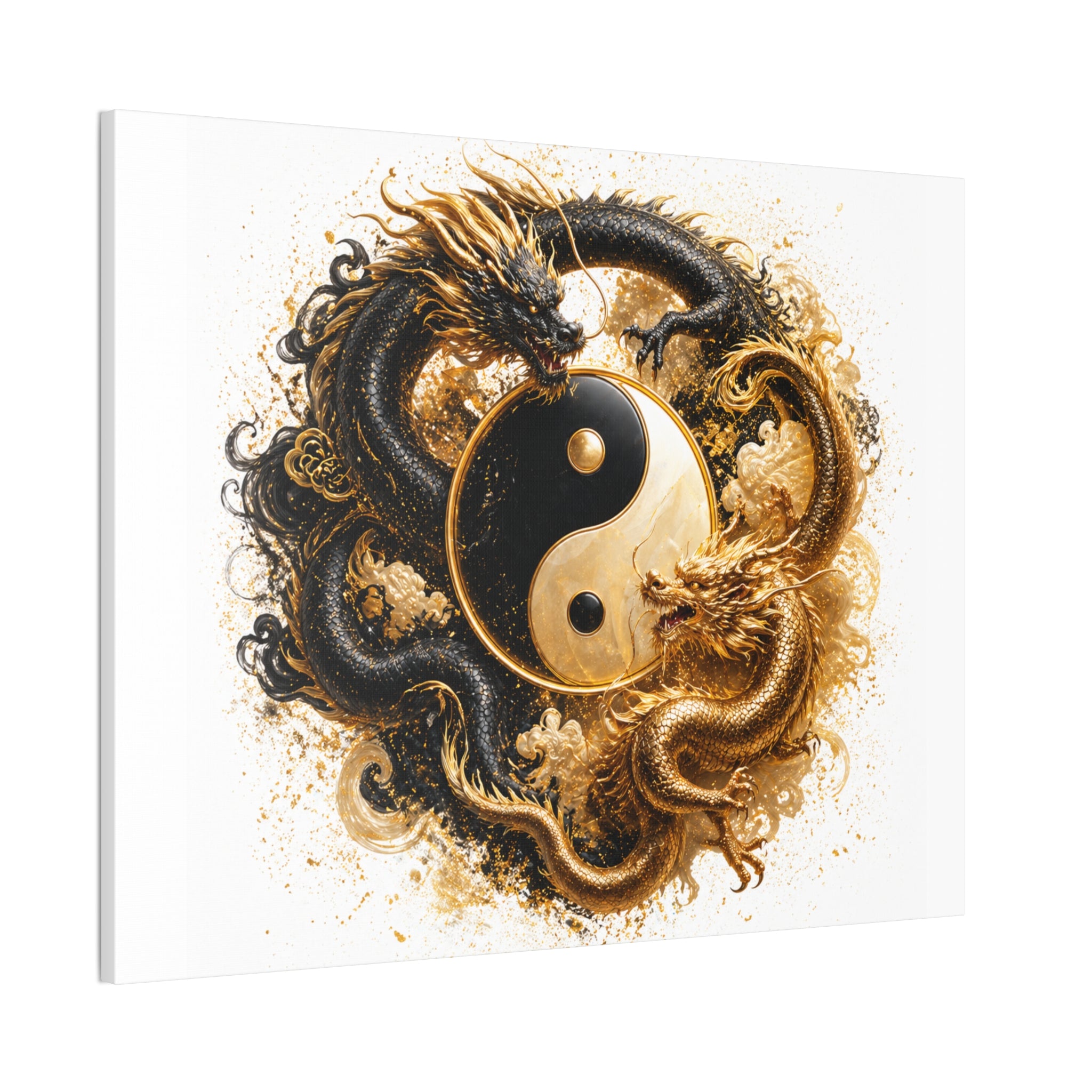 Yin Yang Dragons Canvas Wall Art — Gold & Black Chinese Dragon Print