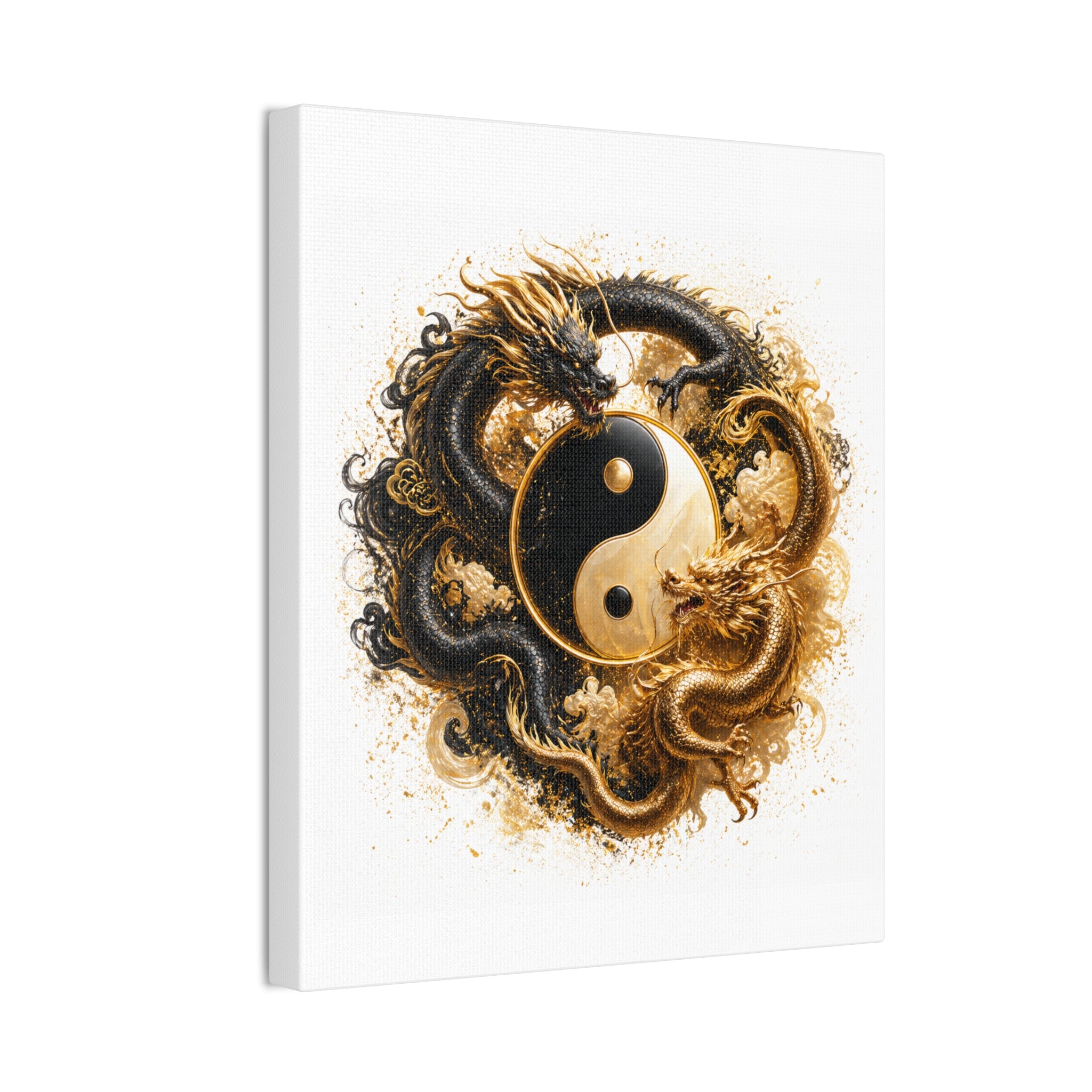 Yin Yang Dragons Canvas Wall Art — Gold & Black Chinese Dragon Print