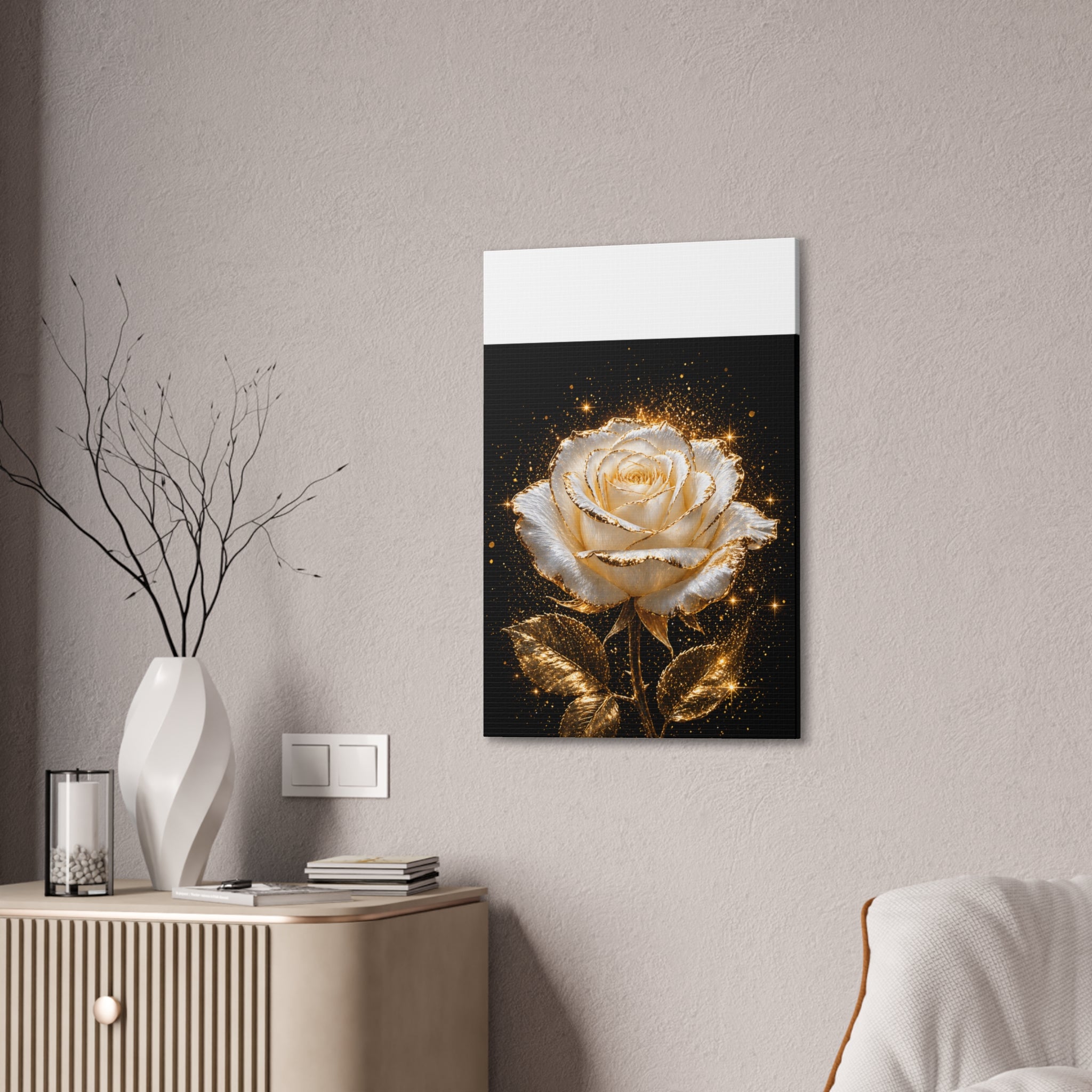 Golden Sparkle Rose Canvas Print — Glam Floral Wall Art