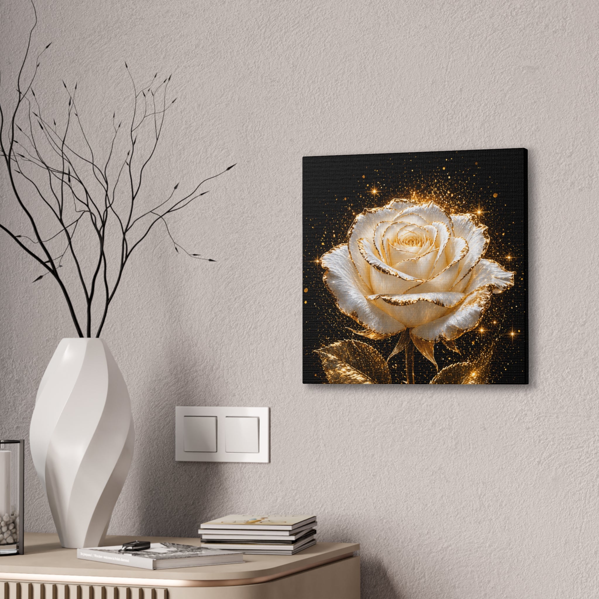 Golden Sparkle Rose Canvas Print — Glam Floral Wall Art