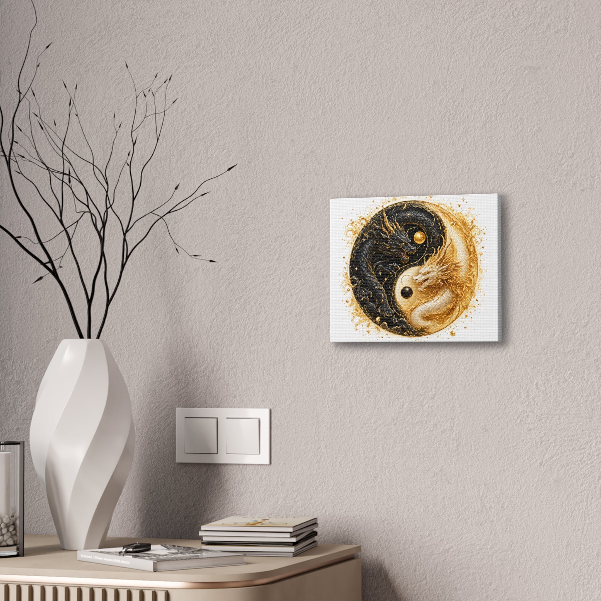 Yin Yang Dragon Canvas Print — Gold & Black Fantasy Wall Art