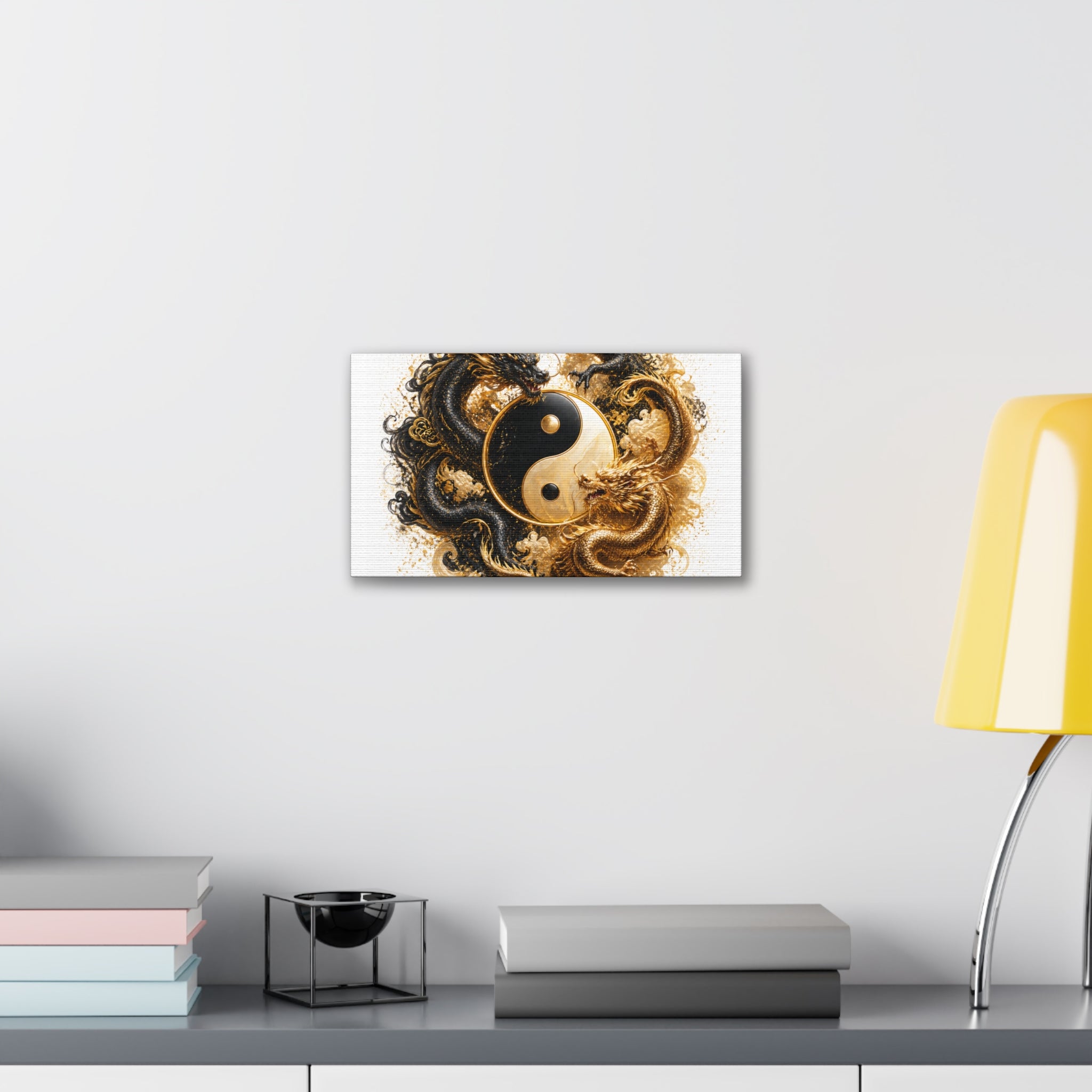 Yin Yang Dragons Canvas Wall Art — Gold & Black Chinese Dragon Print