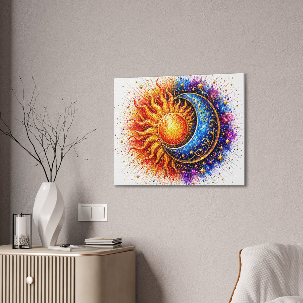 Sun and Moon Wall Art Canvas – Vibrant Celestial Sun & Crescent Moon Stretched Canvas