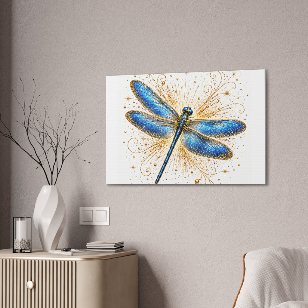 Blue Dragonfly Canvas Wall Art - Sparkling Gold Accents, Stretched 0.75"