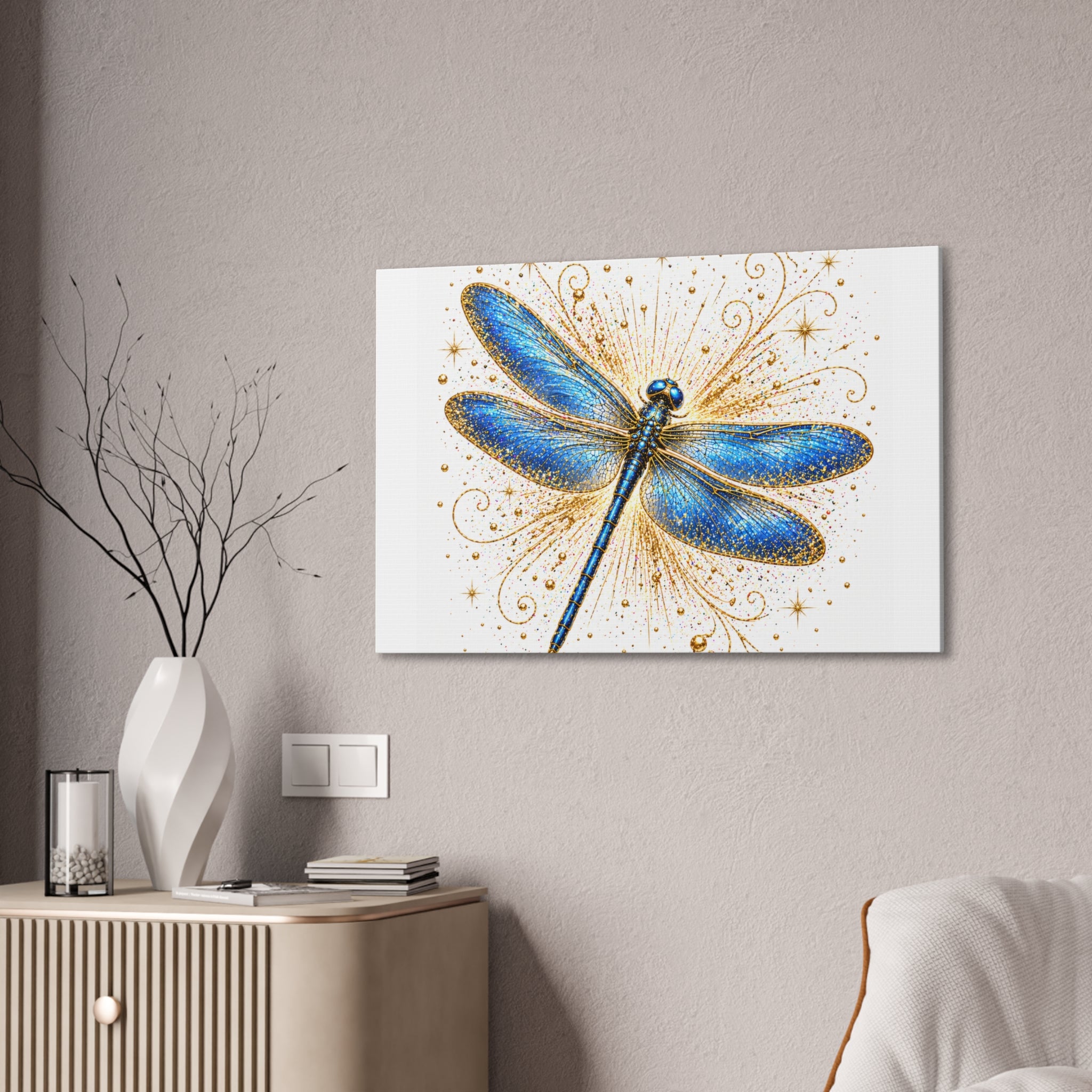 Blue Dragonfly Canvas Wall Art - Sparkling Gold Accents, Stretched 0.75"