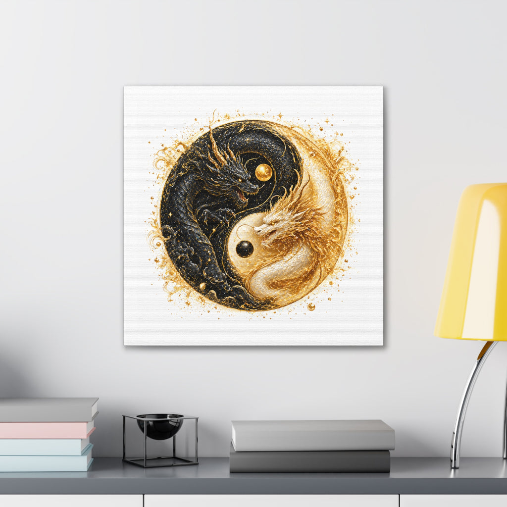 Yin Yang Dragon Canvas Print — Gold & Black Fantasy Wall Art