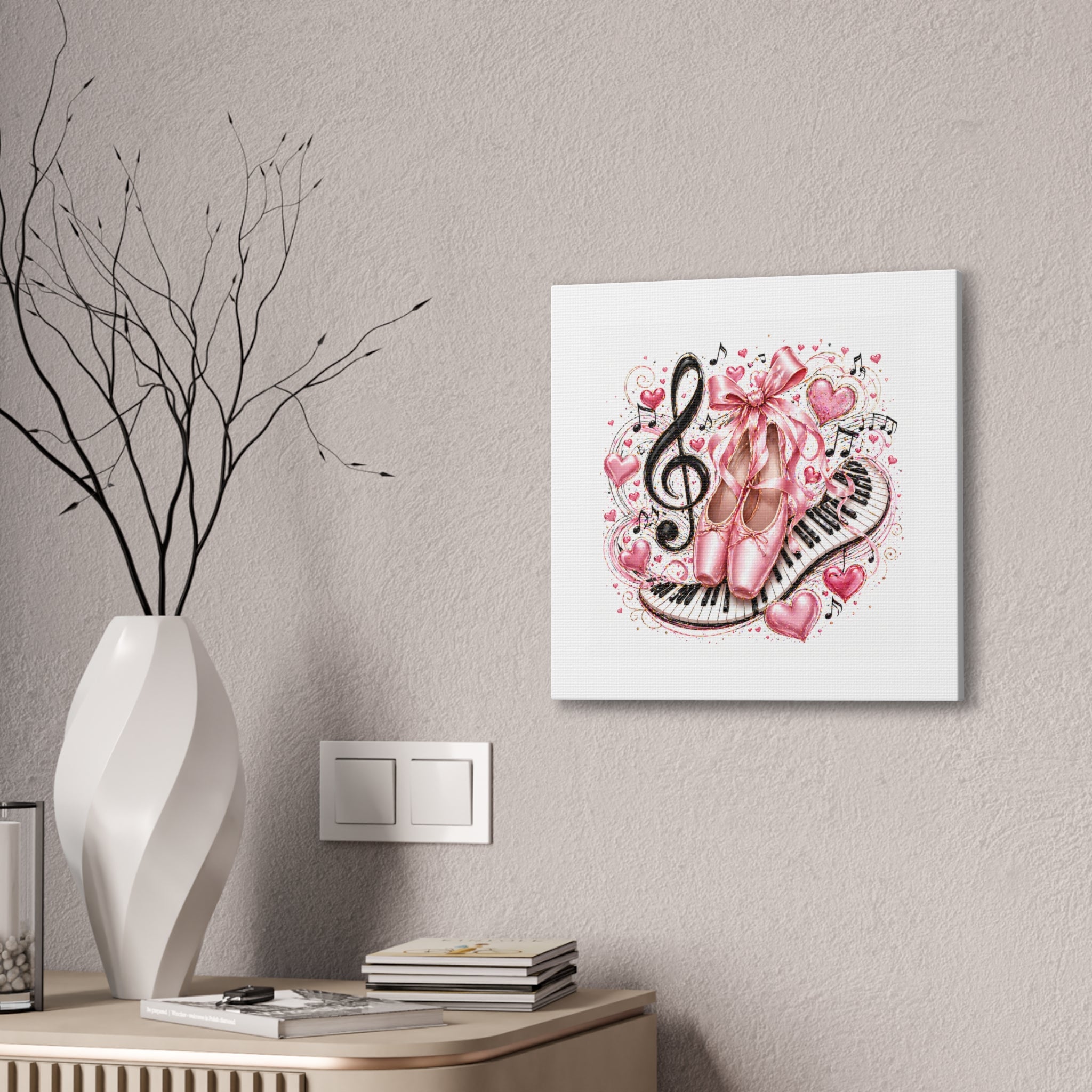 Ballet & Music Canvas Art — Pink Pointe Shoes, Piano Keys & Treble Clef Wall Decor