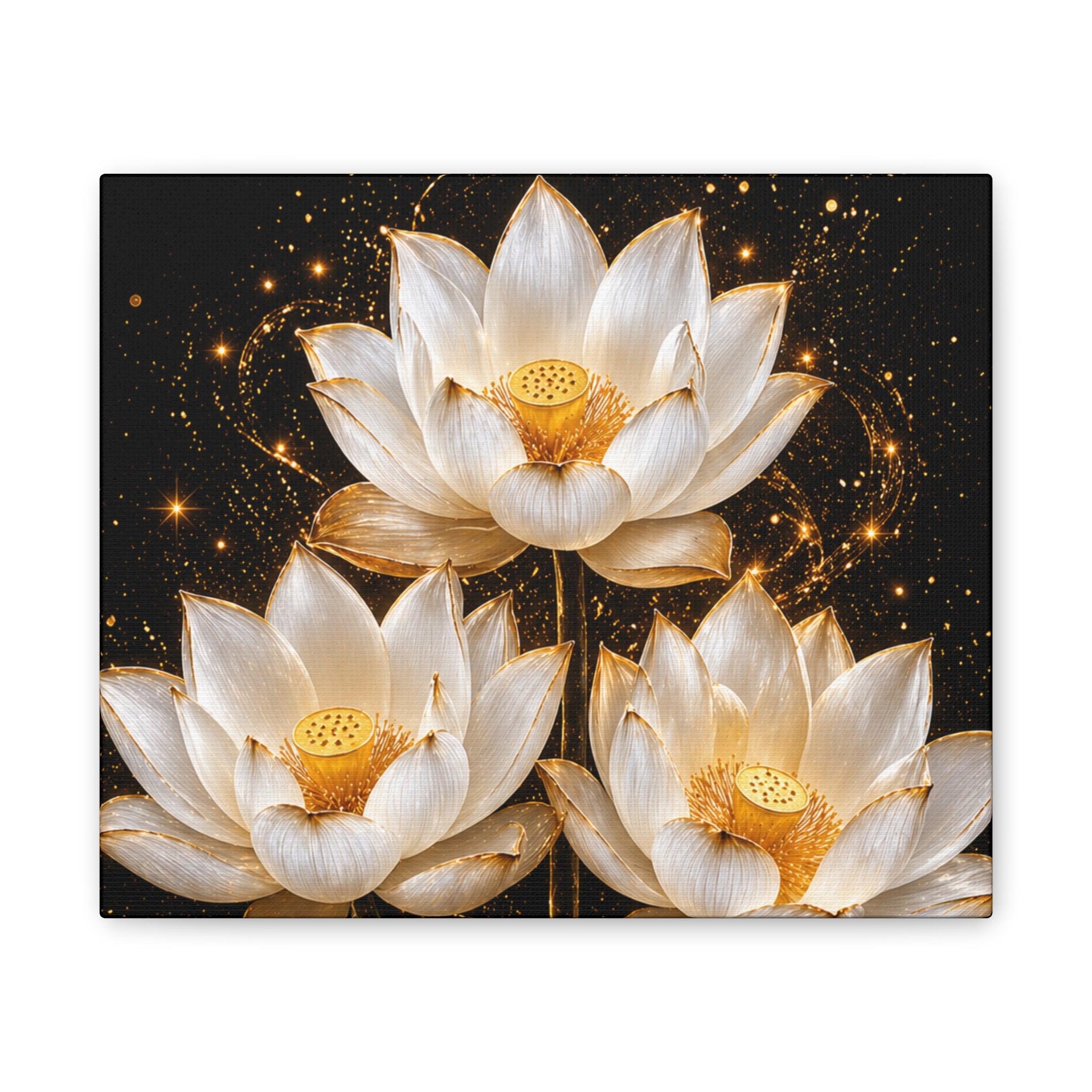 Gold and White Triple Lotus Floral Canvas Wall Art - Stretched 0.75"