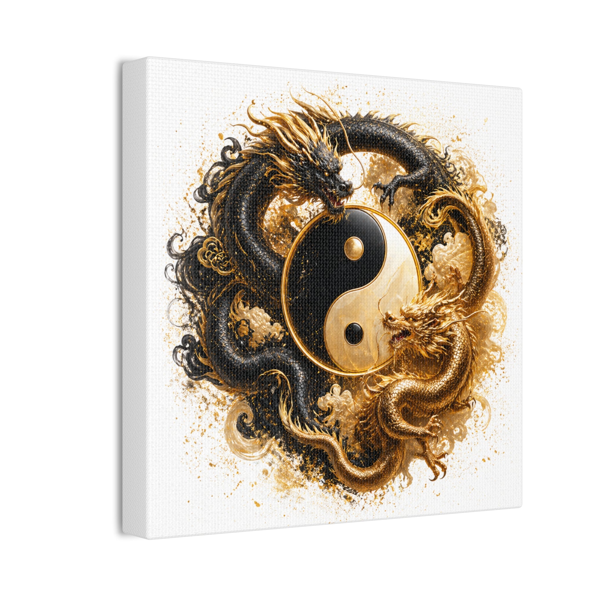 Yin Yang Dragons Canvas Wall Art — Gold & Black Chinese Dragon Print