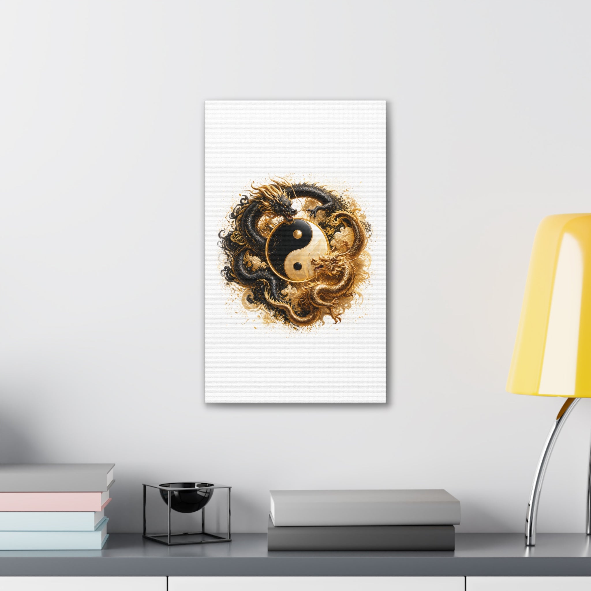 Yin Yang Dragons Canvas Wall Art — Gold & Black Chinese Dragon Print