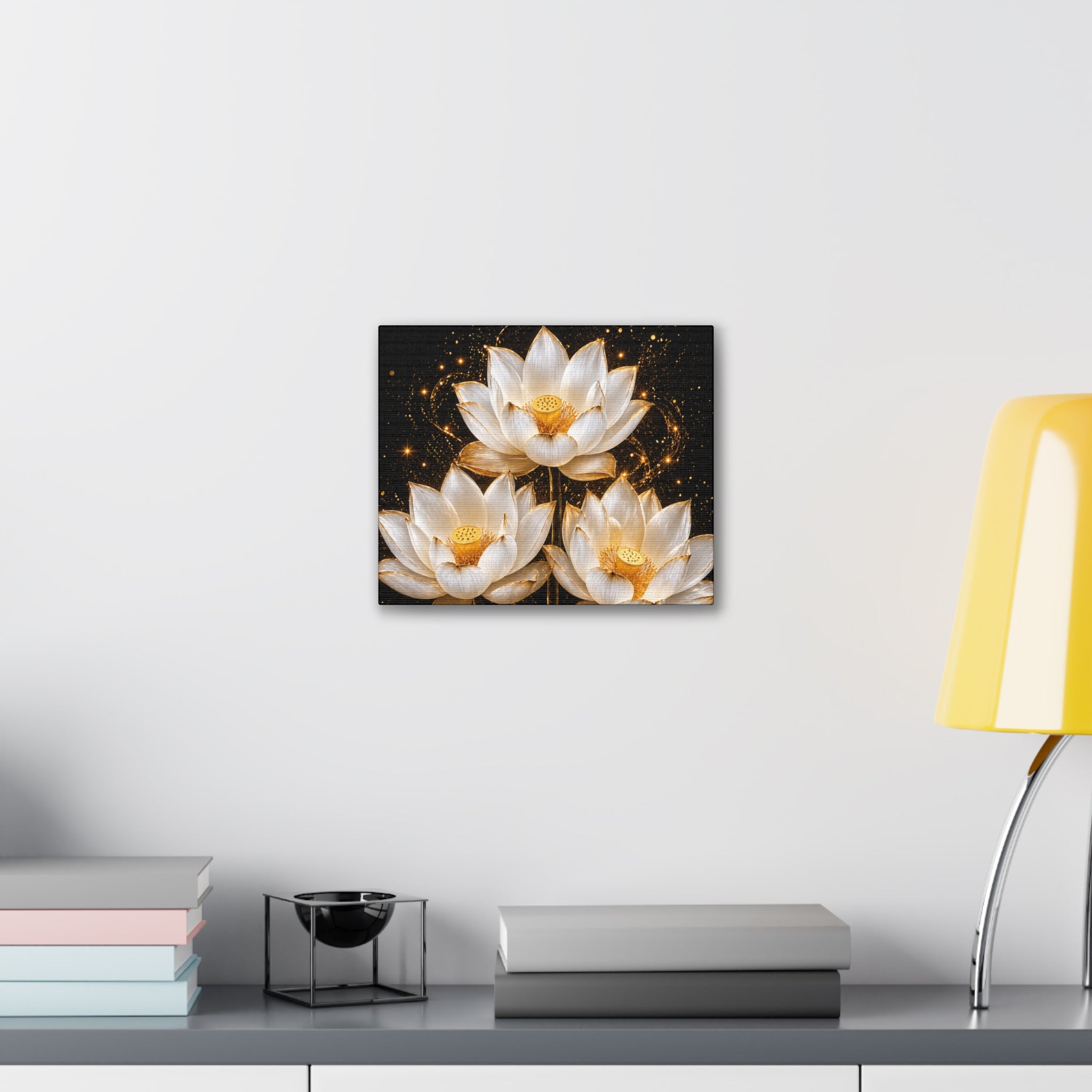 Gold and White Triple Lotus Floral Canvas Wall Art - Stretched 0.75"