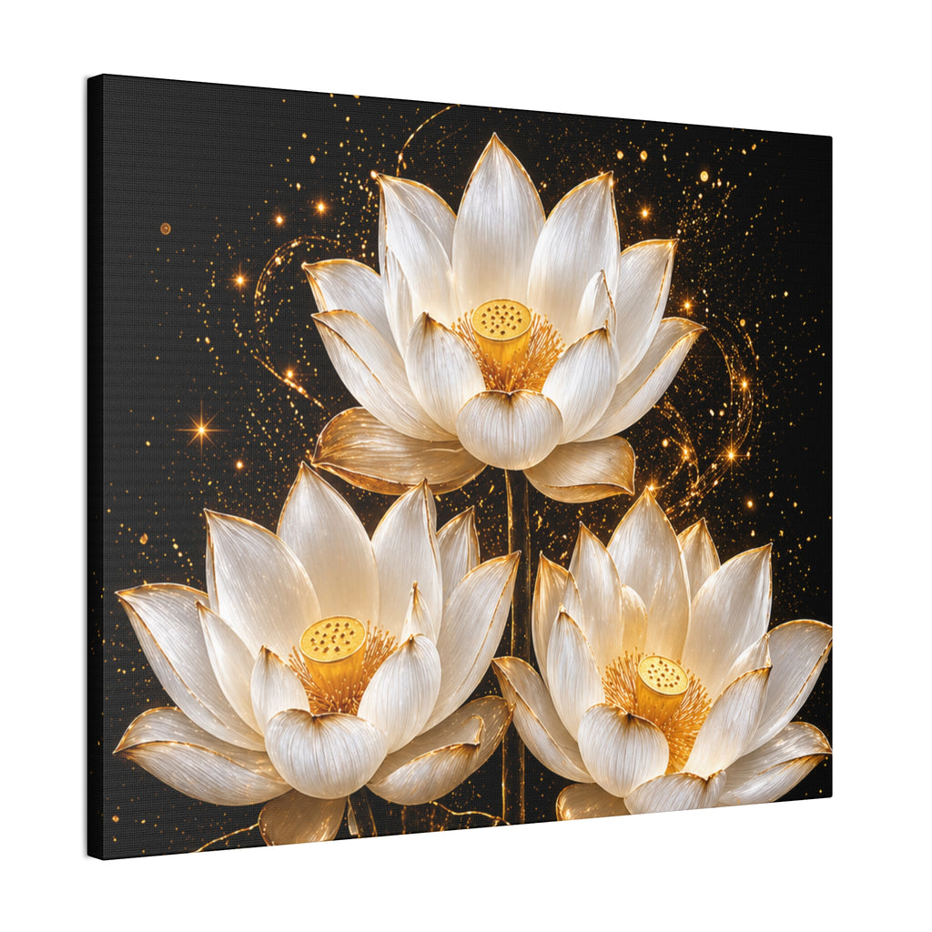 Gold and White Triple Lotus Floral Canvas Wall Art - Stretched 0.75"